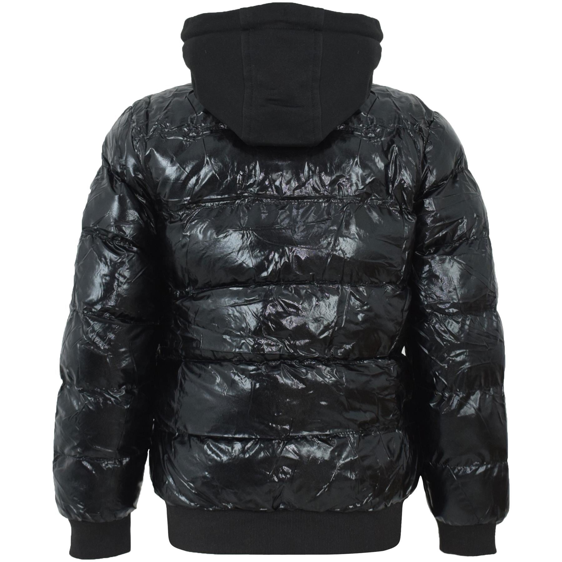 Kids Girls Boys Fashion Shiny Padded Black Jacket Metallic Wet