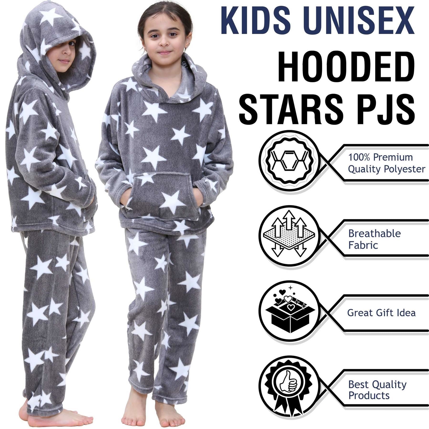 Kids Girls Stars Print Grey Pyjama Extra Soft Flannel Fleece Hooded PJS Set