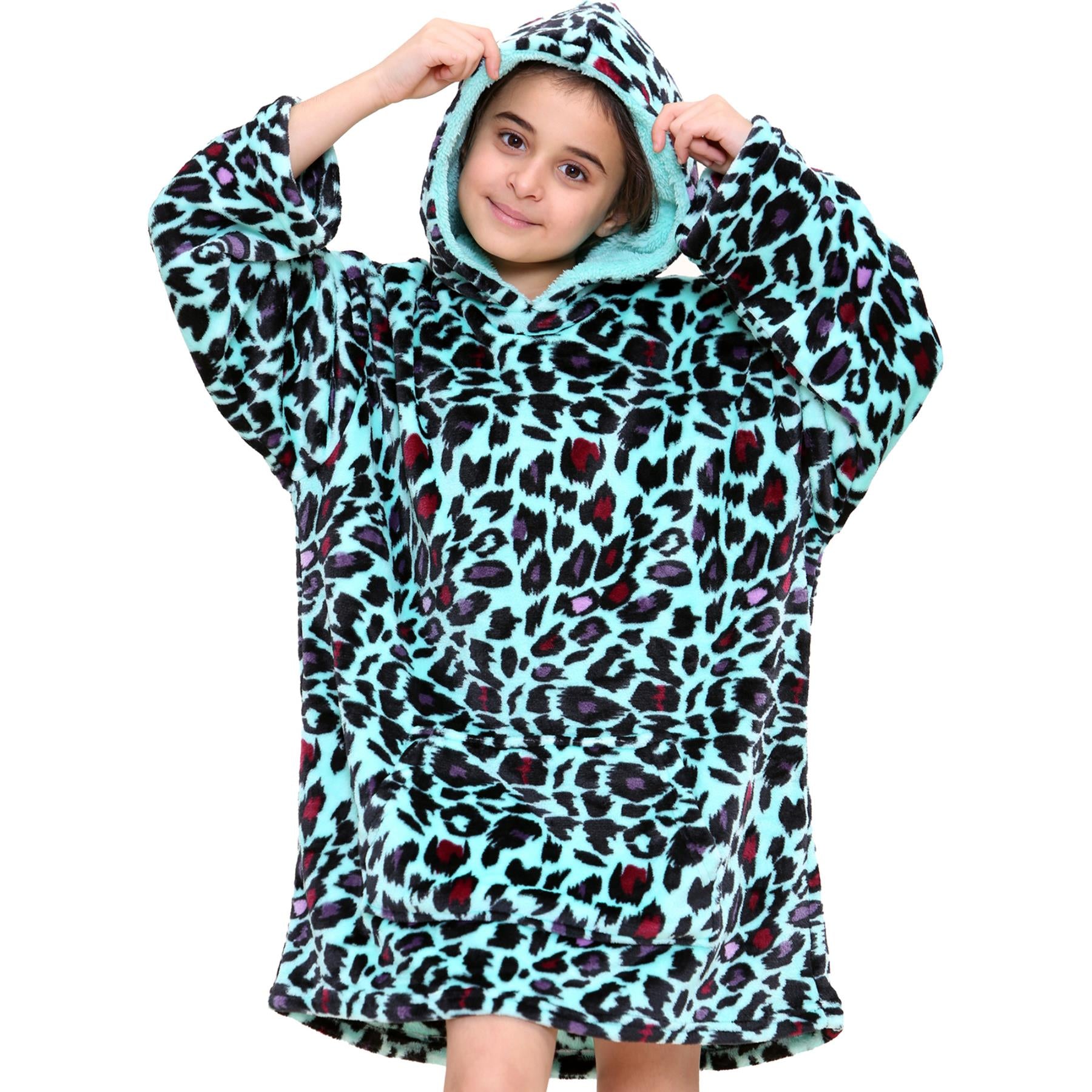 Kids Oversized World Book Day Hoodie Mint Leopard Snuggle Blanket Super Soft
