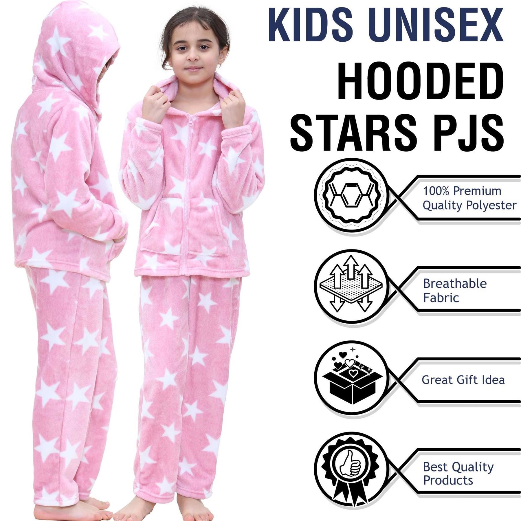 Kids Girls Stars Print Pink Zipped Pyjama Extra Soft Hooded Flannel Fleece PJS Set