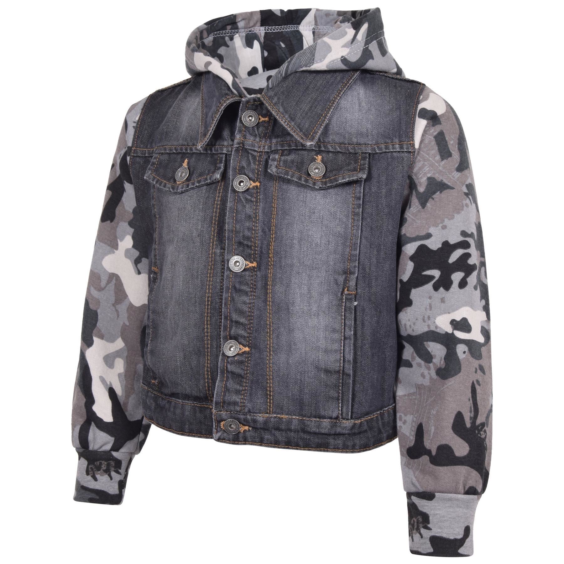 Kids Boys Denim Camo Charcoal Jacket Fleece Sleeves & Hood Fashion Jacket Coats