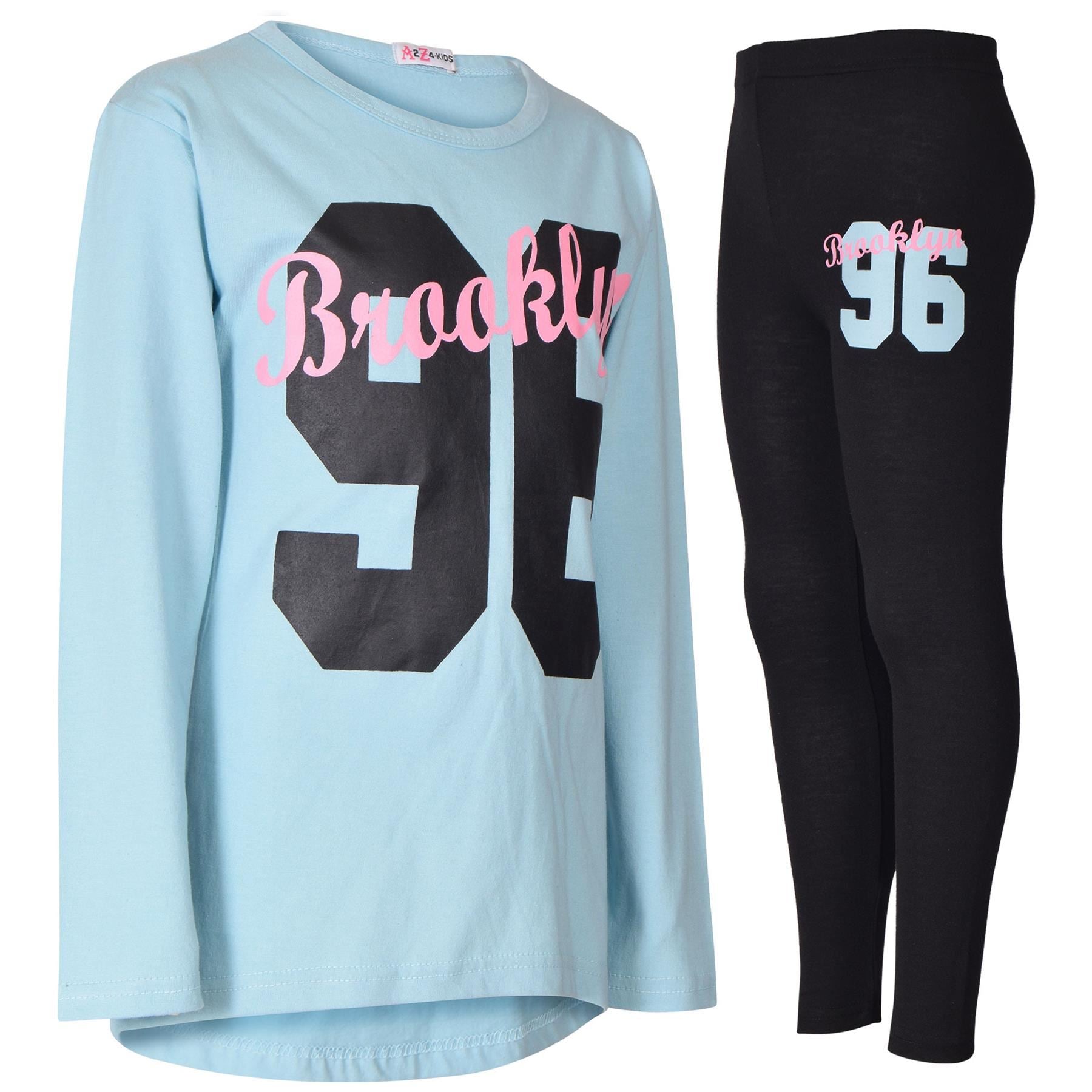 Girls Brooklyn Print Aqua Long Sleeves T Shirt Top & Legging Set