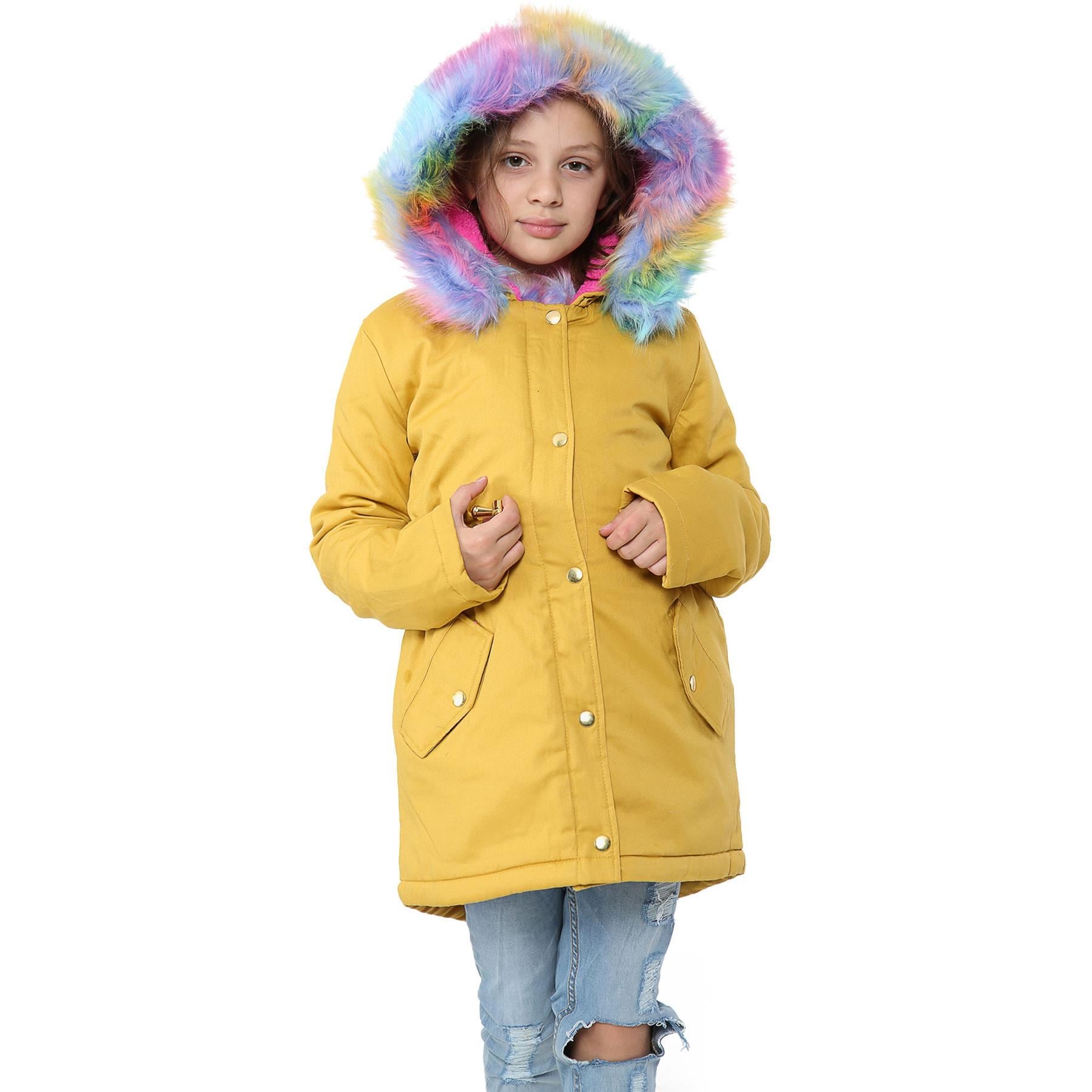 Kids Girls Hooded Coat Rainbow Faux Fur Mustard Parka School Jackets