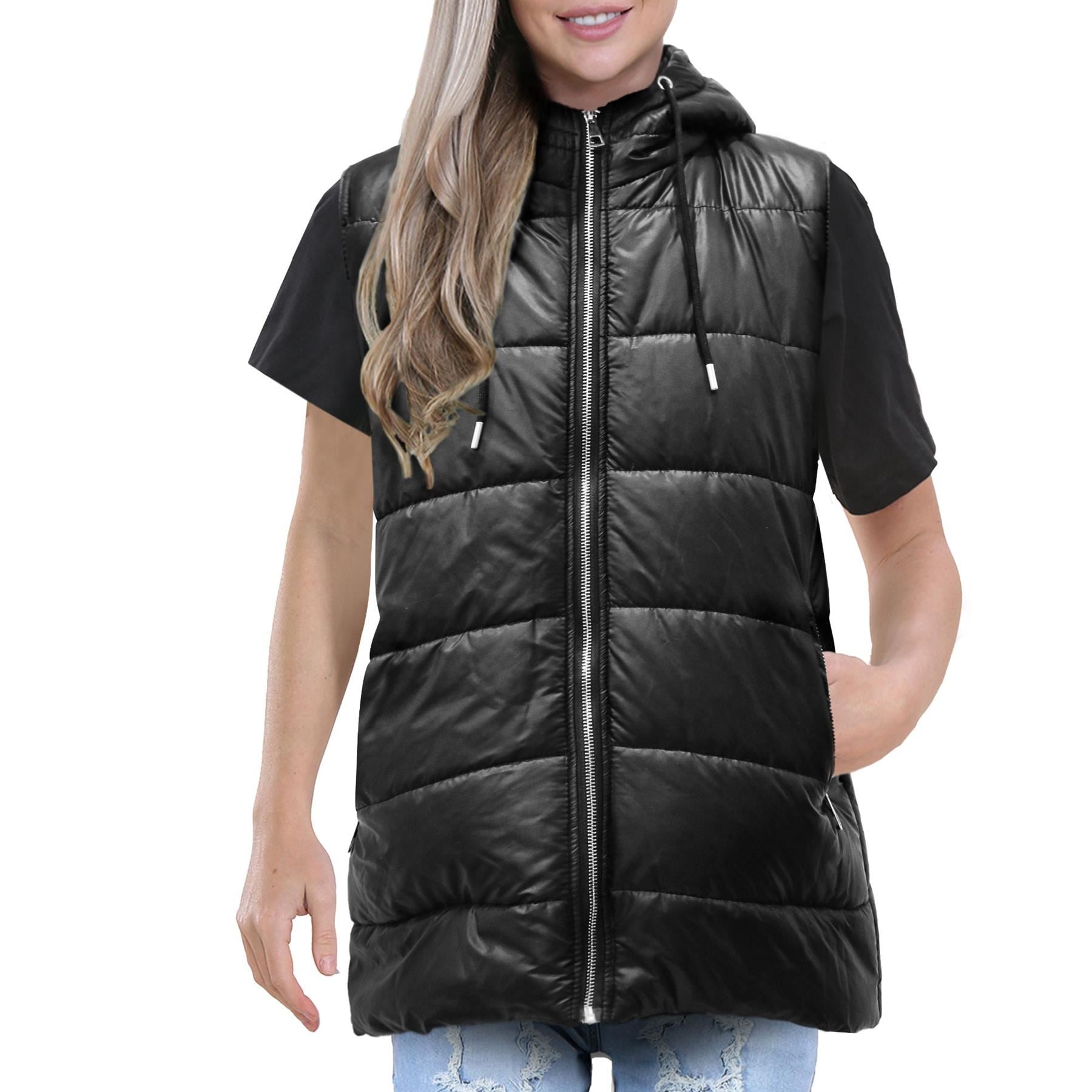 Ladies Oversized Silver Zipped Pockets Gilet Black Jacket Sleeveless Coat