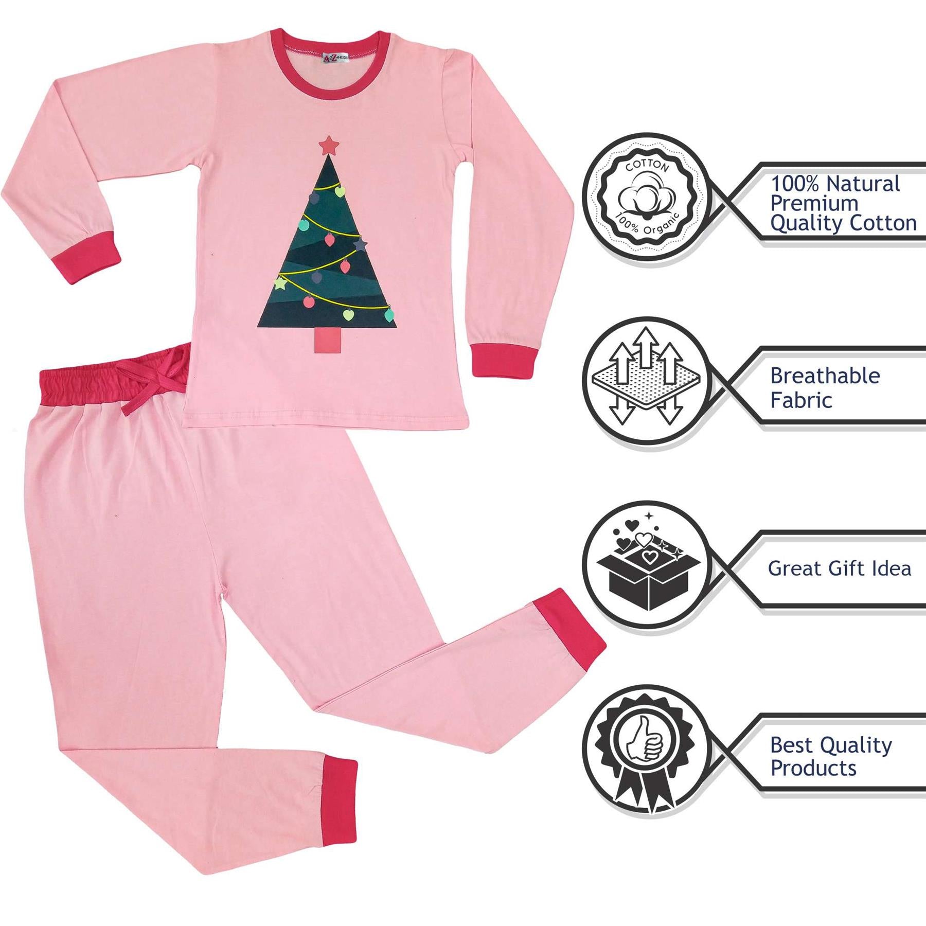 Kids Girls Christmas Baby Pink Tree Print Pyjamas Set - Kids Clothing Store