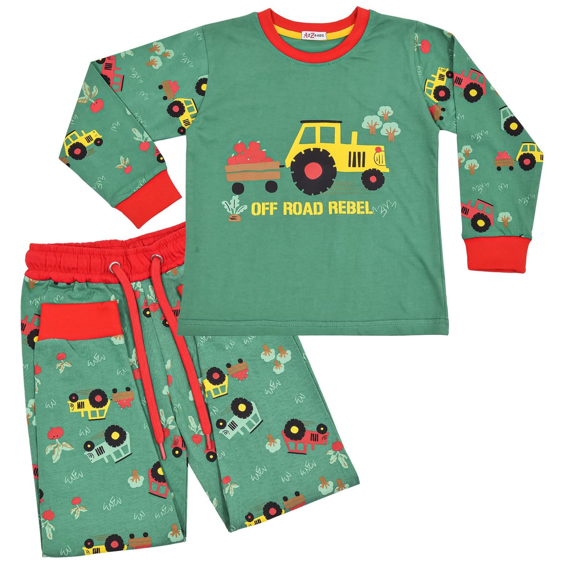 Kids Girls Boys Tractor Print Green Pyjamas Set