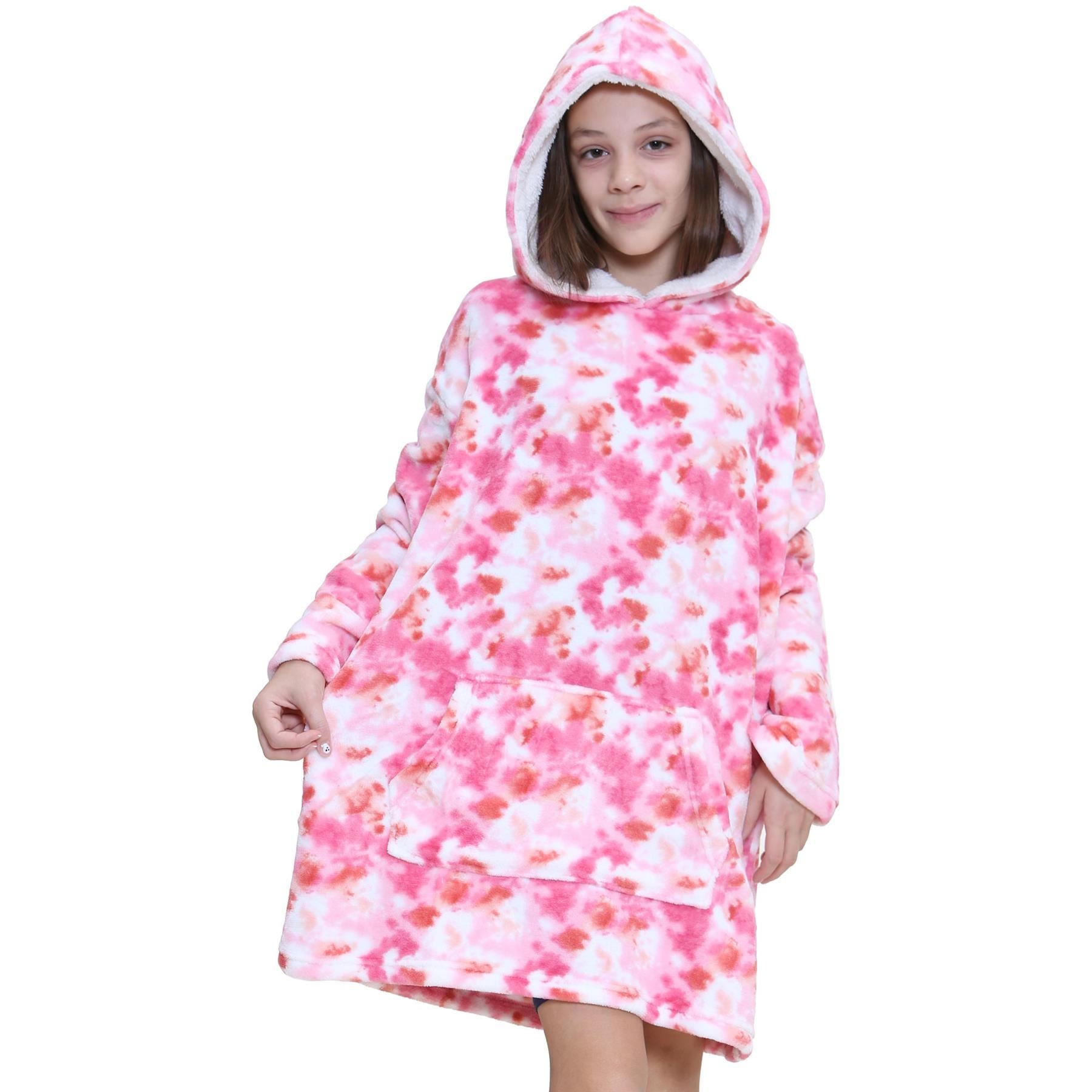 Kids Unisex Oversized Hoodie Snuggle Tie Dye Pink Printed Fleece Blanket