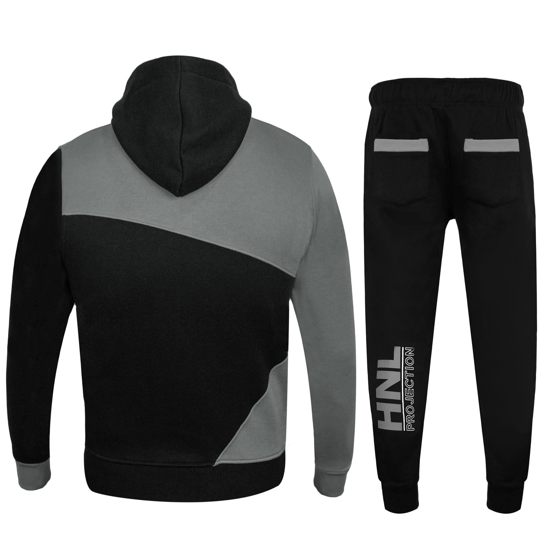 Kids Boys Hooded Fleece Black & Steel Grey Contrast Panelled Tracksuit