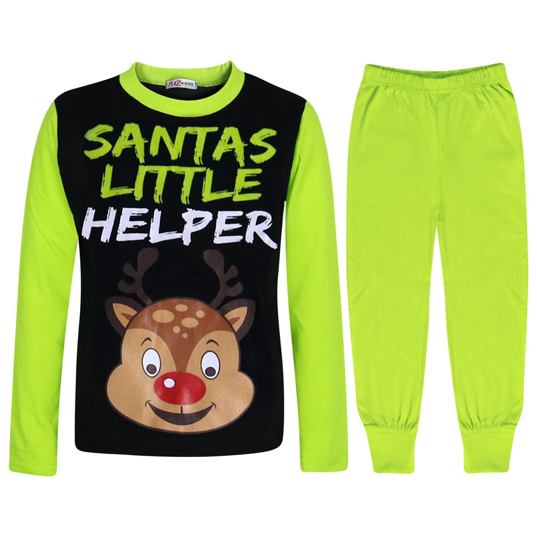 Kids Boys Girls Pyjamas Santas Little Helper Lime Xmas