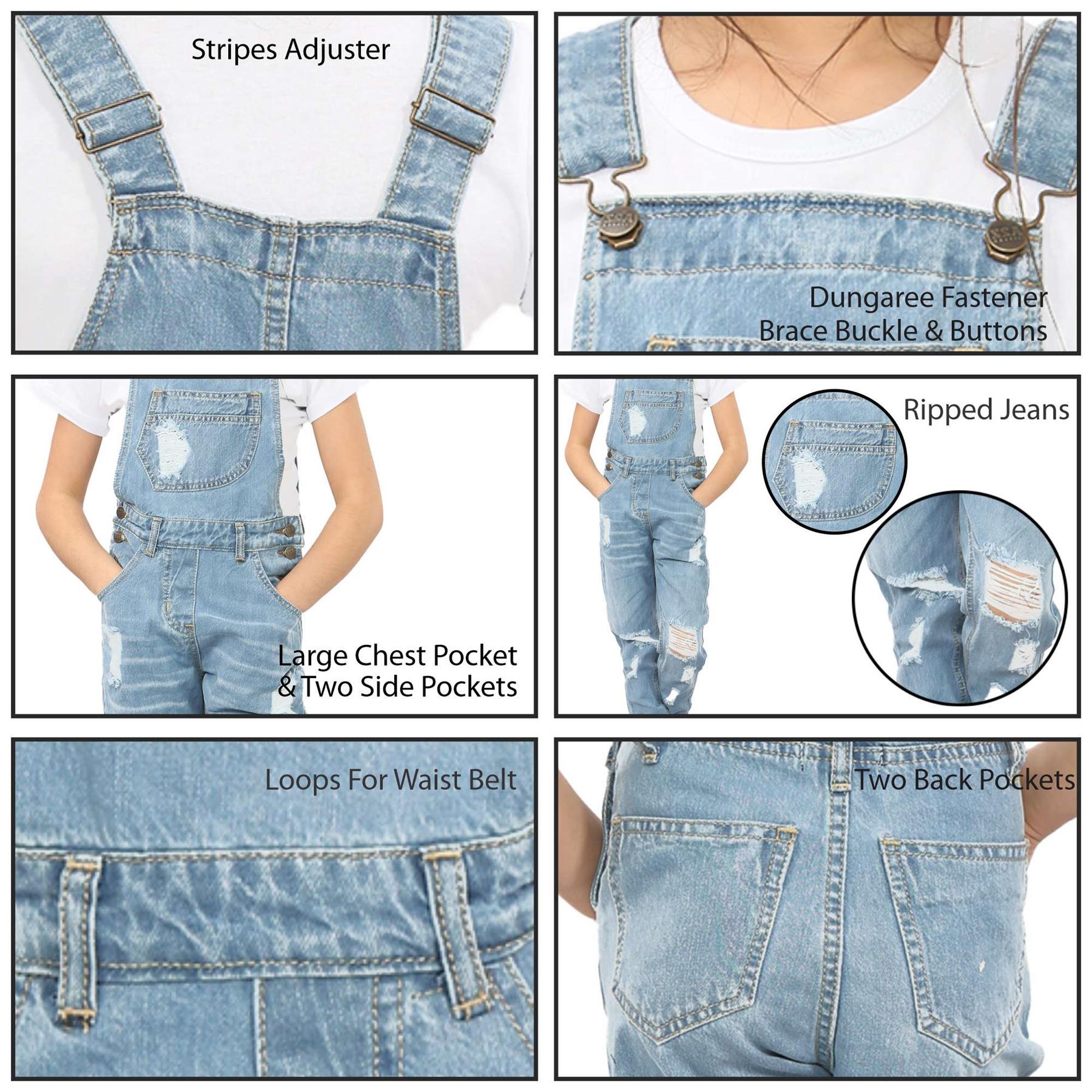 Kids Girls Denim Dungaree Full Length Ripped Jeans - Kids Clothing Store