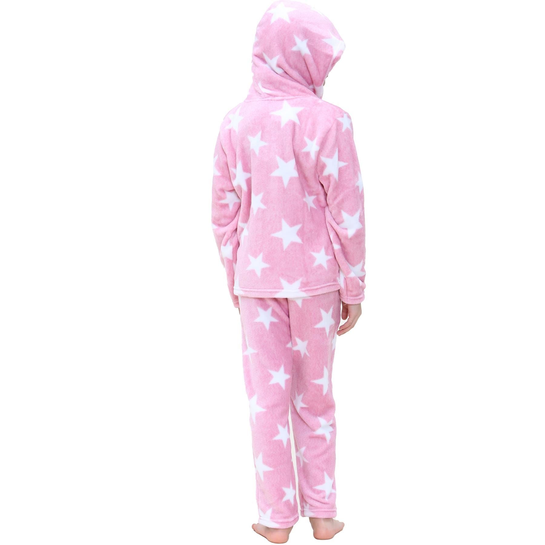 Kids Girls Stars Print Pink Zipped Pyjama Extra Soft Hooded Flannel Fleece PJS Set