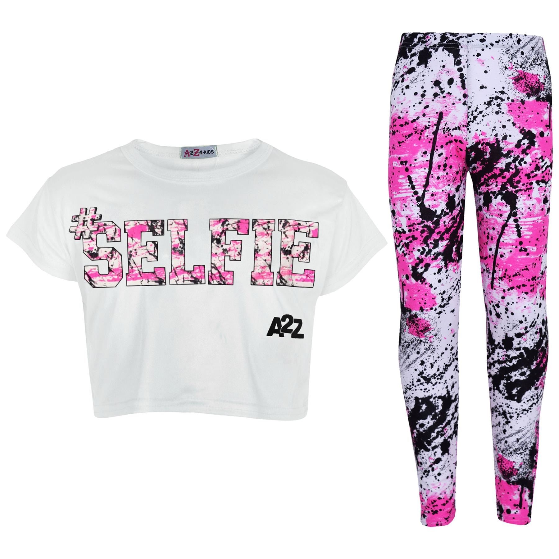 Girls Selfie Print Crop Top & Splash Legging Set