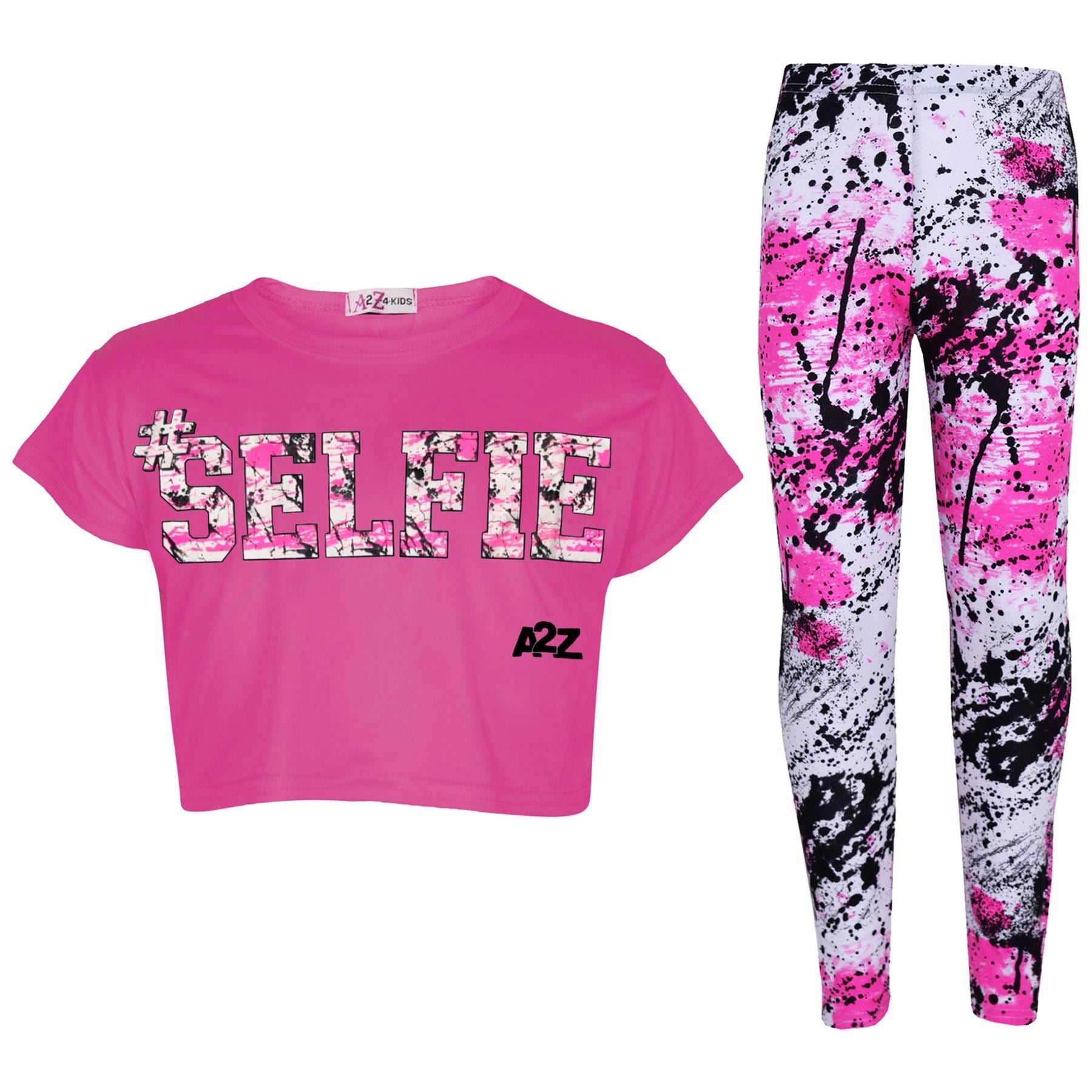 Girls Selfie Print Crop Top & Splash Legging Set