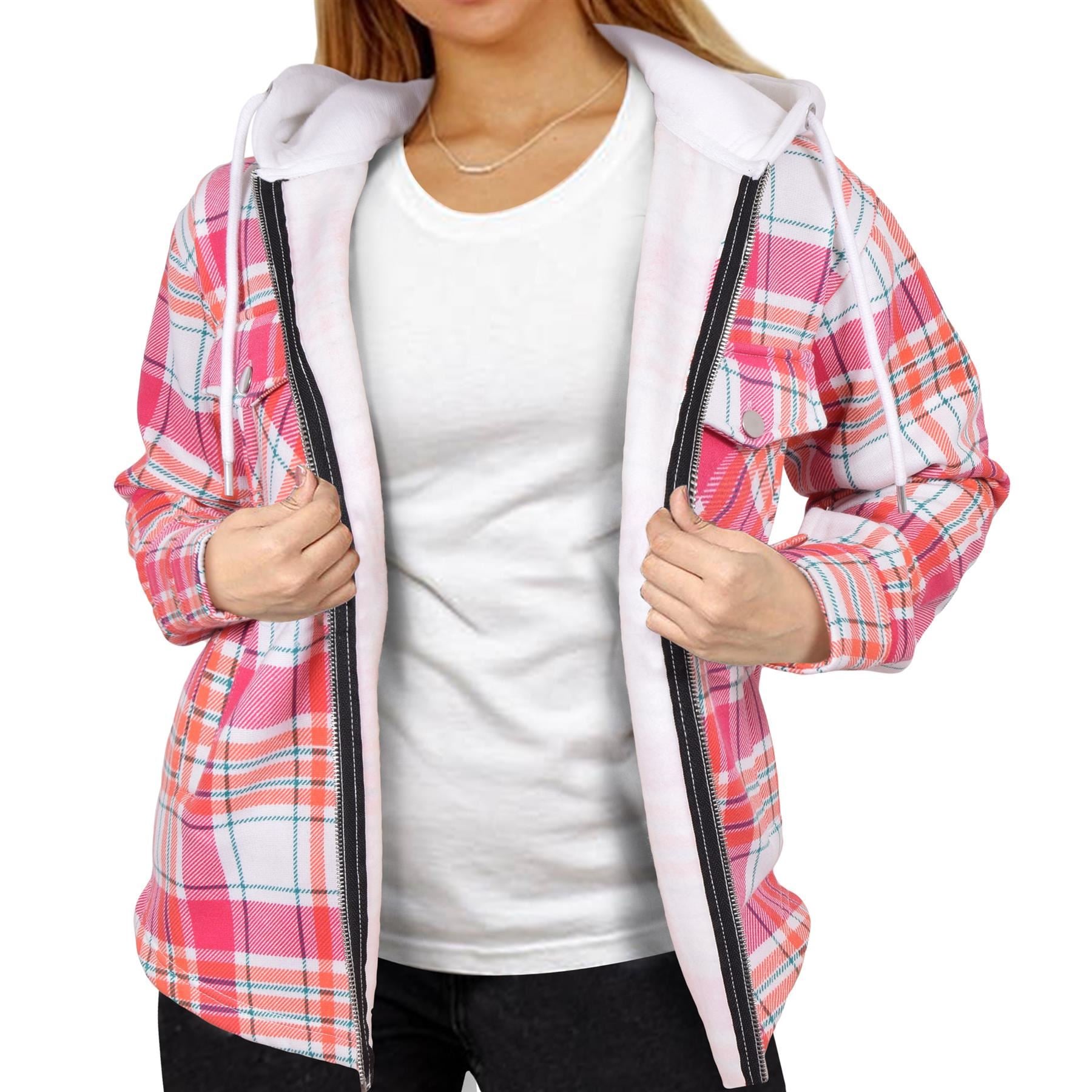 Ladies Shacket Pink Checked Print Oversize Hooded Coat For Women