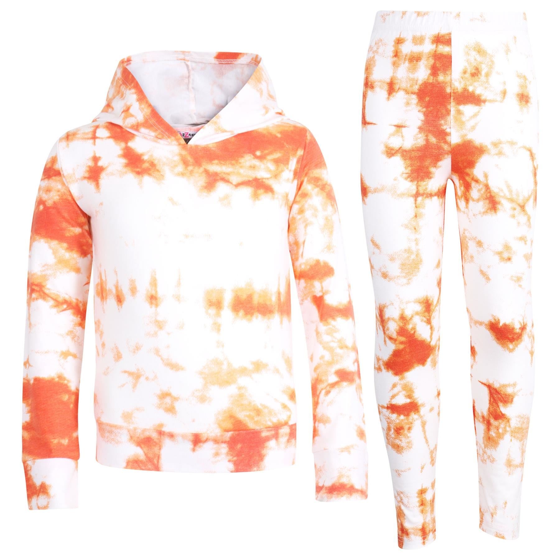 Girls Tie Dye Orange Print Hooded Top & Bottom Outfit Set