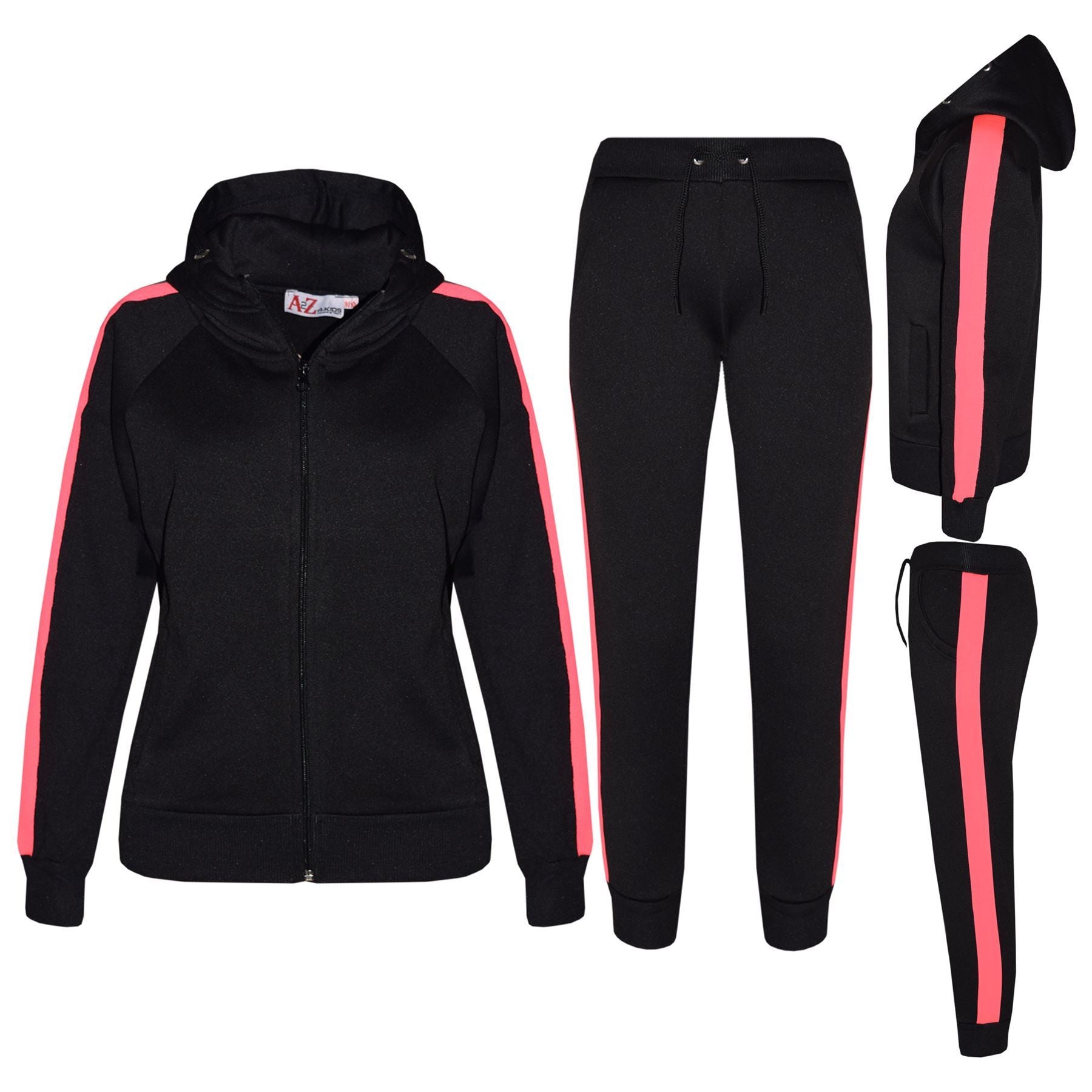 Girls Black & N.Pink Jogging Plain Fleece Hooded Tracksuit