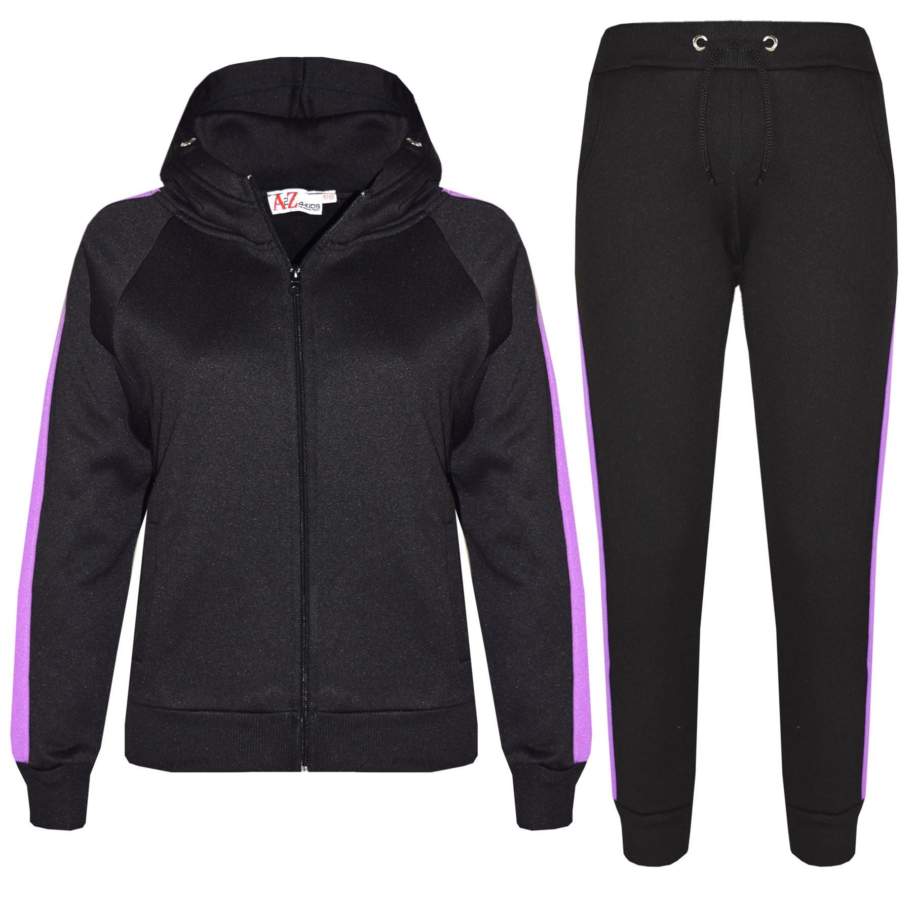 Girls Black & Lilac Jogging Plain Fleece Hooded Tracksuit