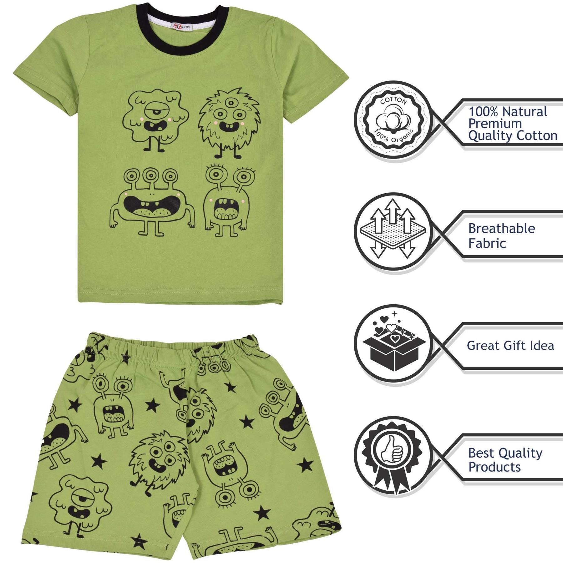 Kids Girls Boys Monster Print Lime Pyjamas Set