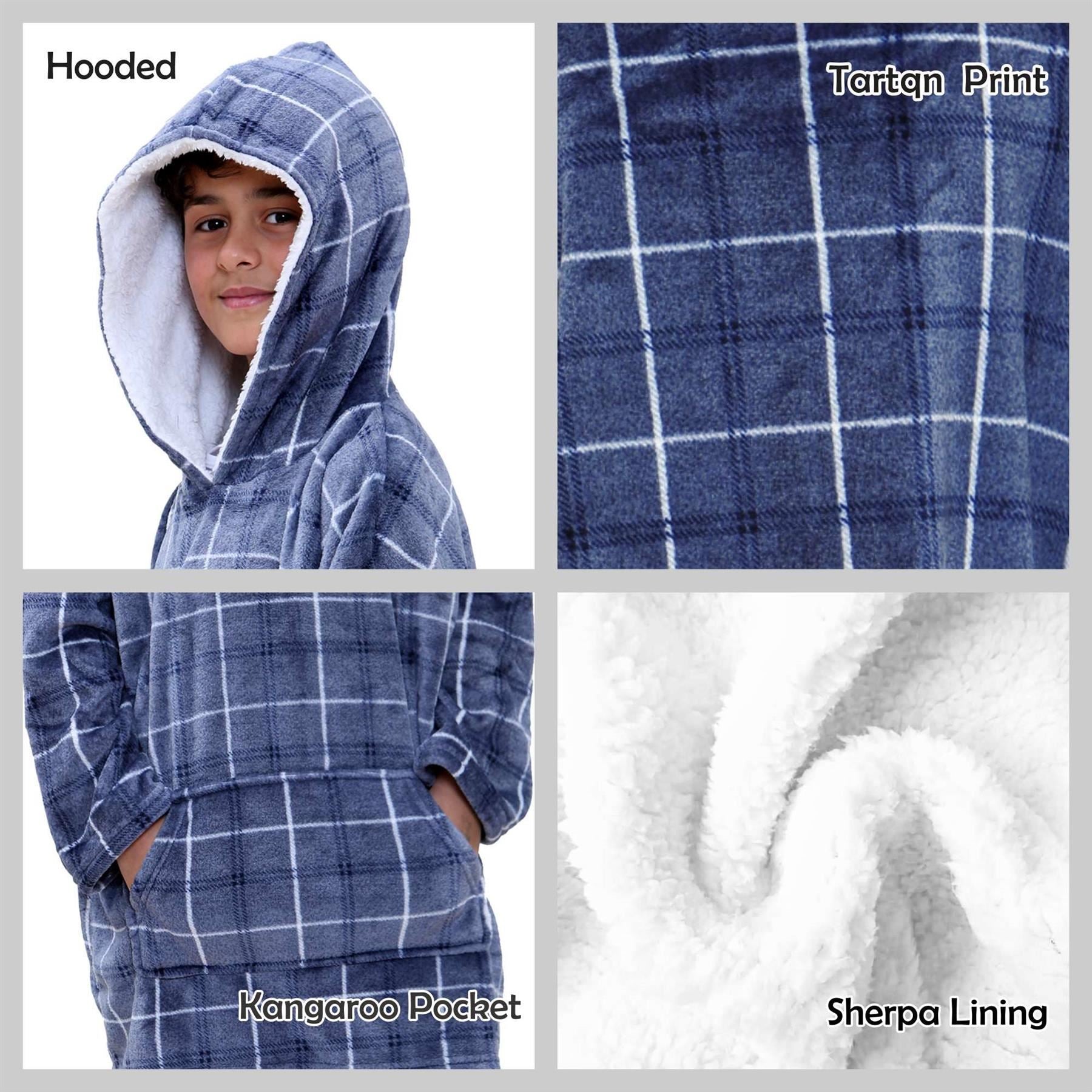 Kids Unisex Oversized Hoodie Snuggle Blue Tartan Printed Fleece Blanket