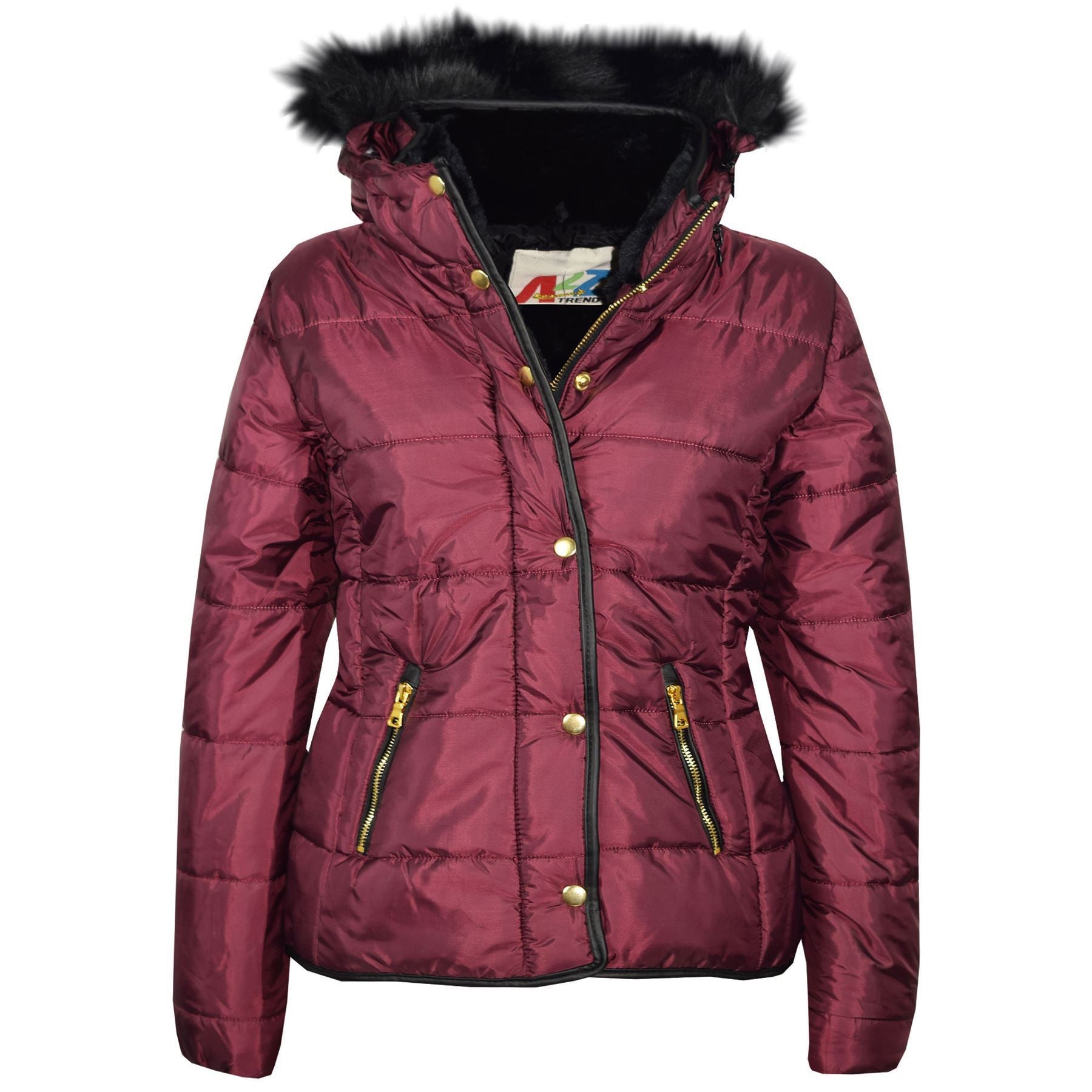 Kids Girls Puffer Quilted Coat Wine Hooded Faux Fur Jacket