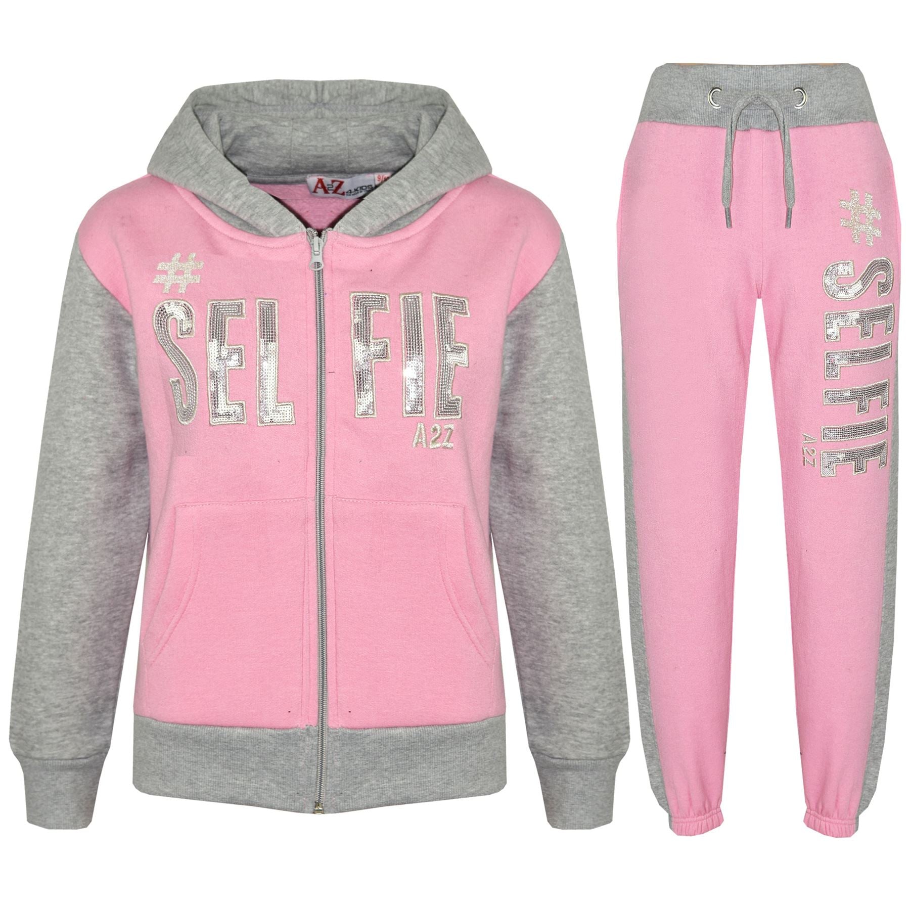 Girls #SELFIE Sequin Embroidered Pink & Grey Tracksuit