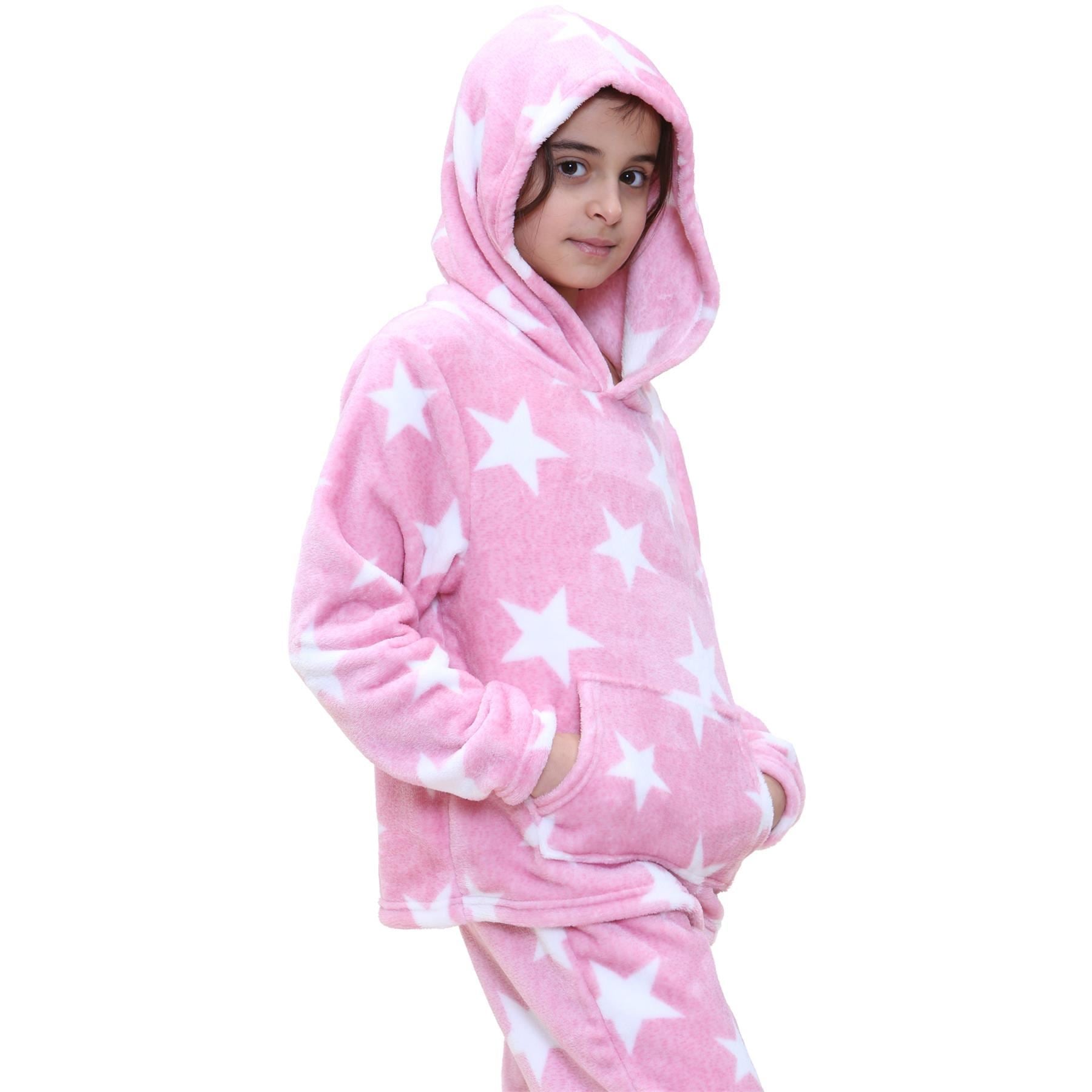 Kids Girls Stars Print Pink Pyjama Extra Soft Flannel Fleece Hooded PJS Set