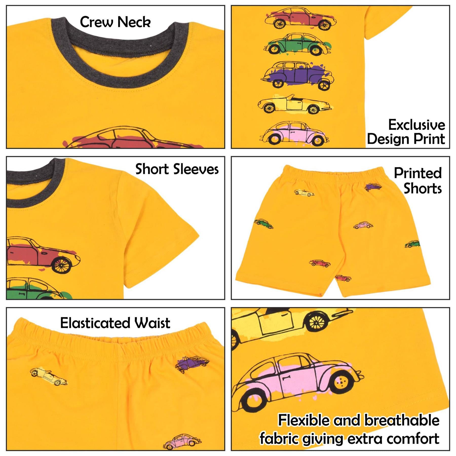 Kids Unisex Girls Boys Cars Yellow Print Pyjamas Summer Set