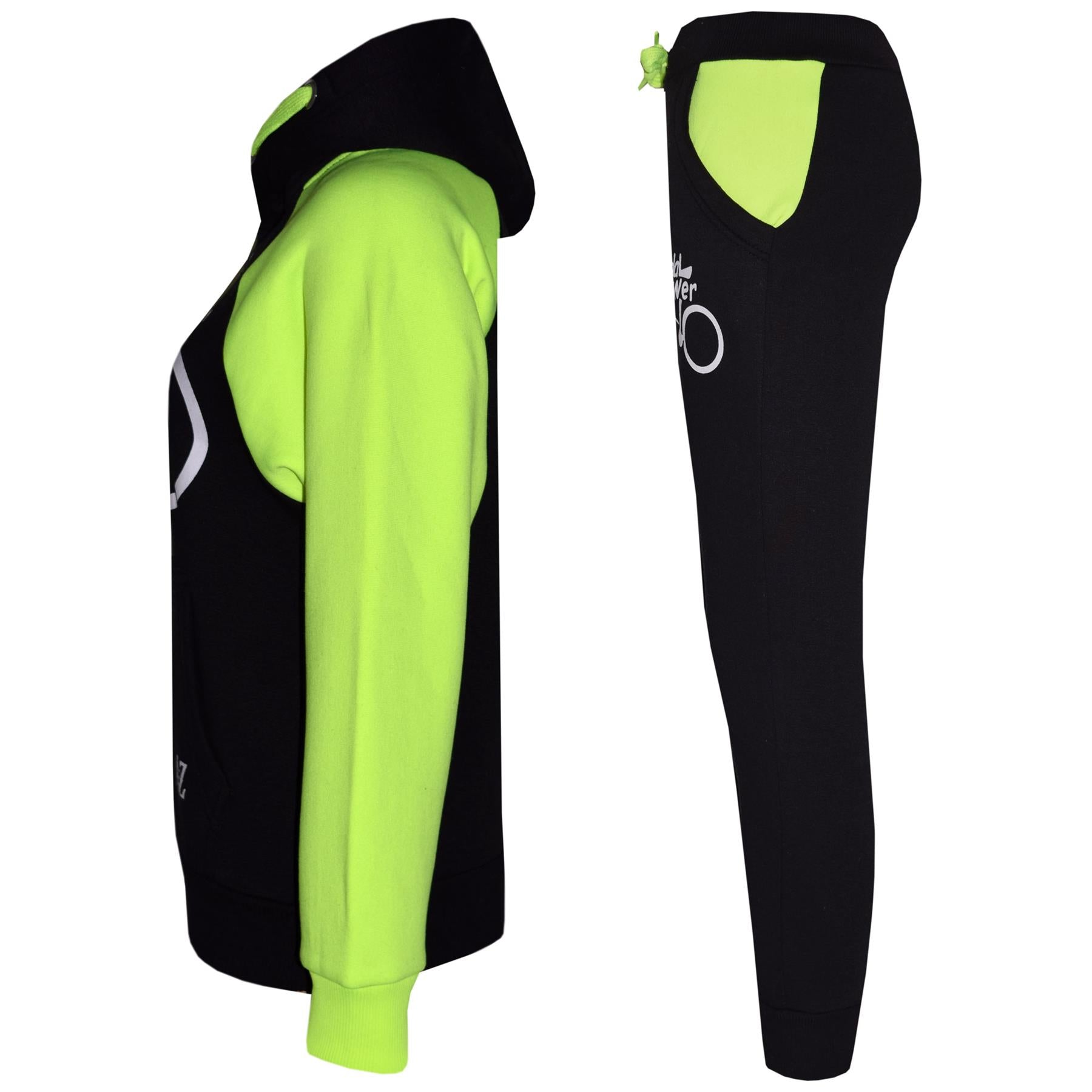 Kids Unisex Pedal Power Print Hooded Black And Neon Green Tracksuit