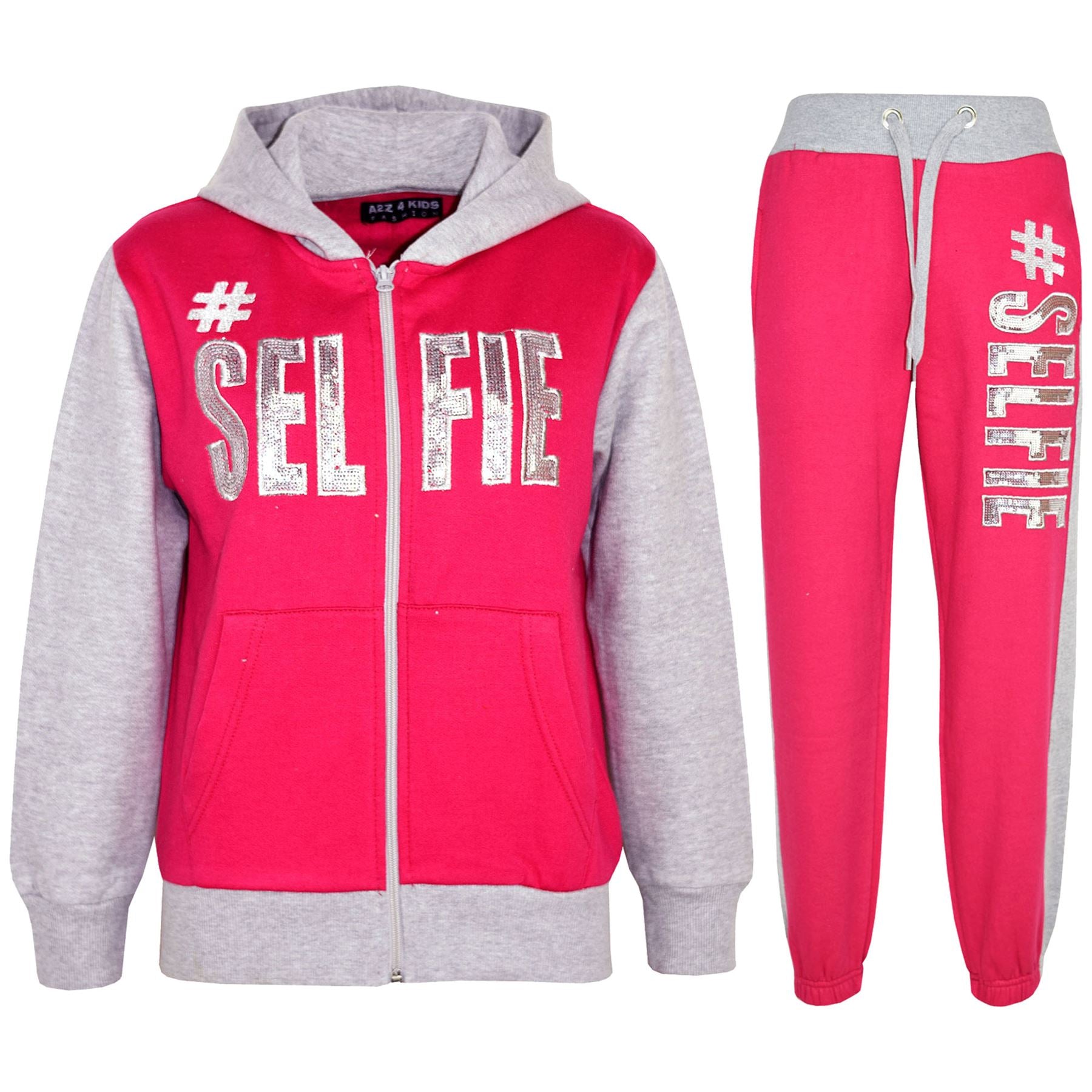 Girls #SELFIE Sequin Embroidered Pink & Grey Tracksuit