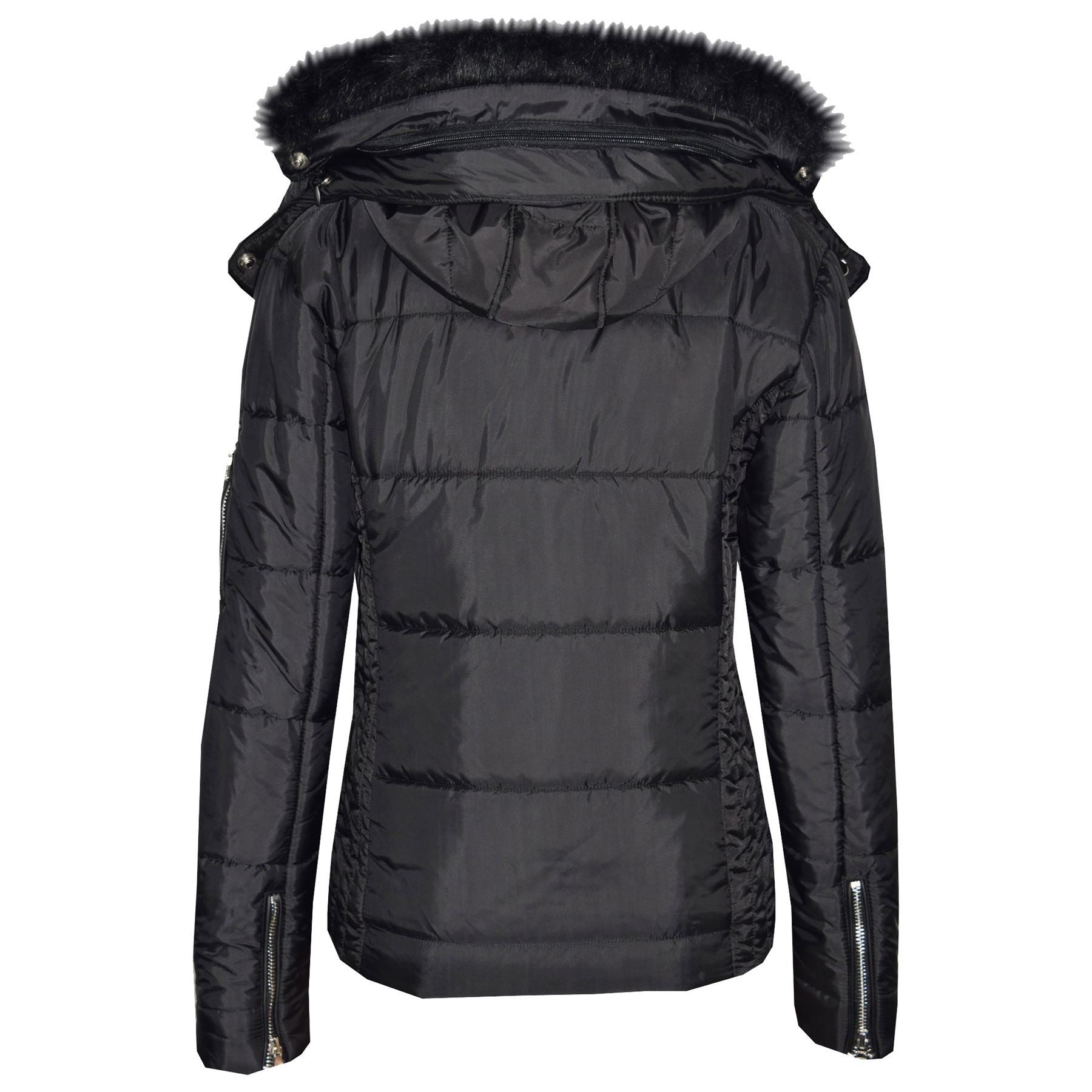 Kids Girls Quilted Black Puffer Coat Faux Fur Collar Hood Jacket