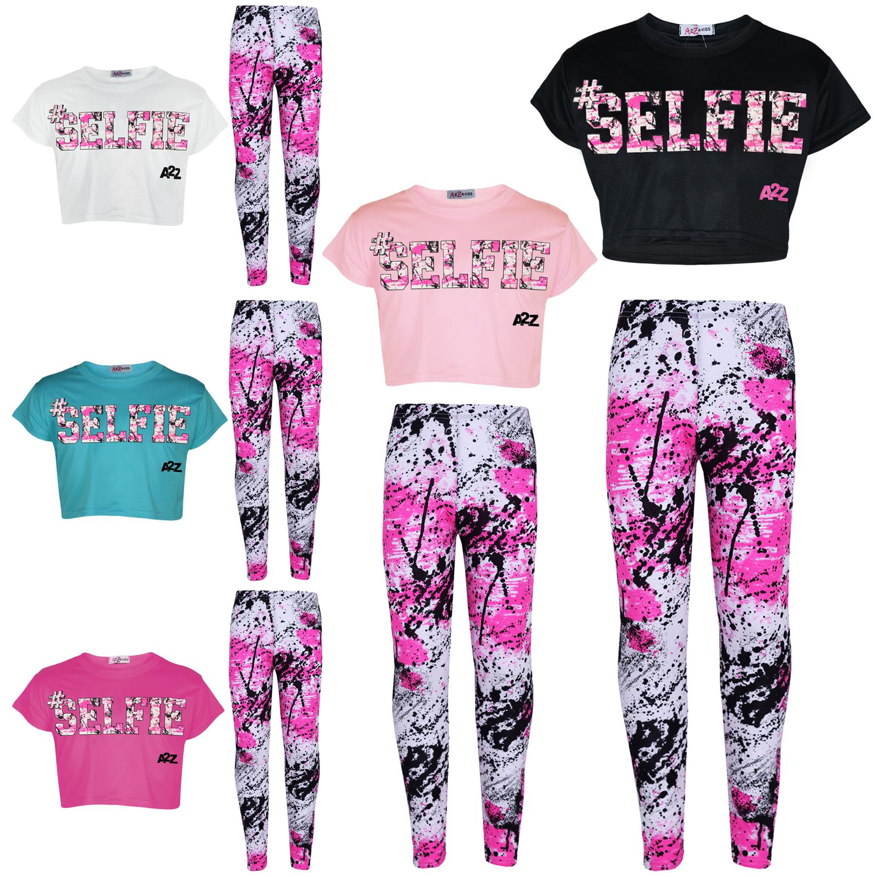 Girls Selfie Print Crop Top & Splash Legging Set