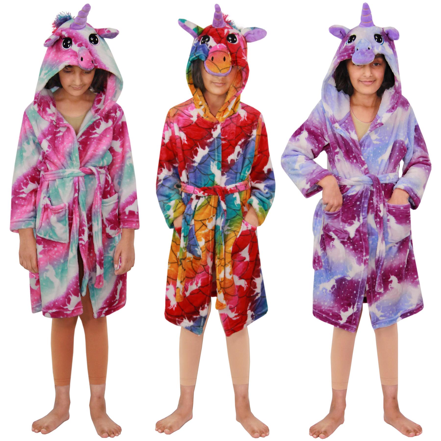 Kids Girls Unicorn Hooded Bathrobe Relax Gown 3D Xmas Cosplay Costume Loungewear