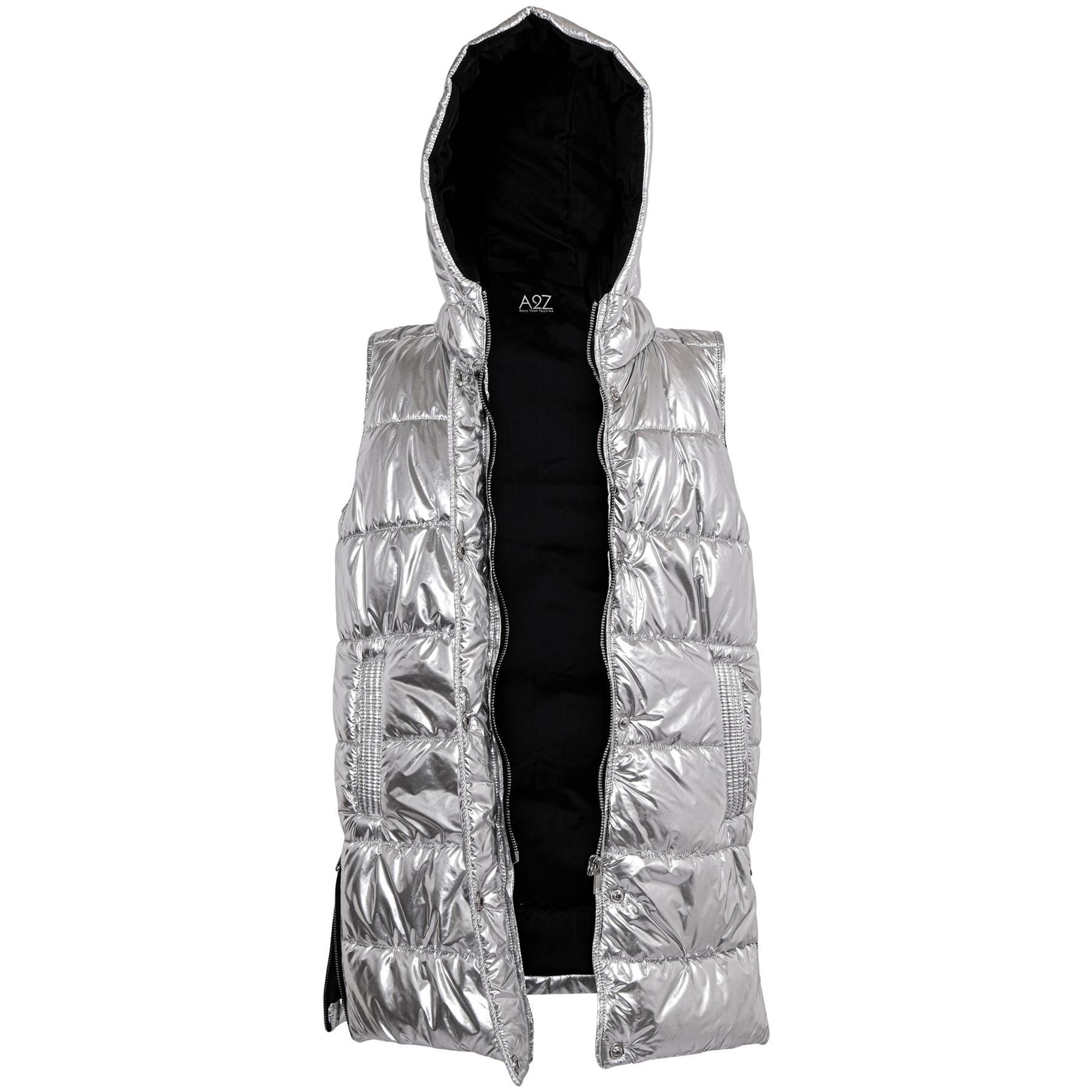 Ladies Oversized Gilet Long Line Style Silver Foil Jacket Long Sleeveless Coat