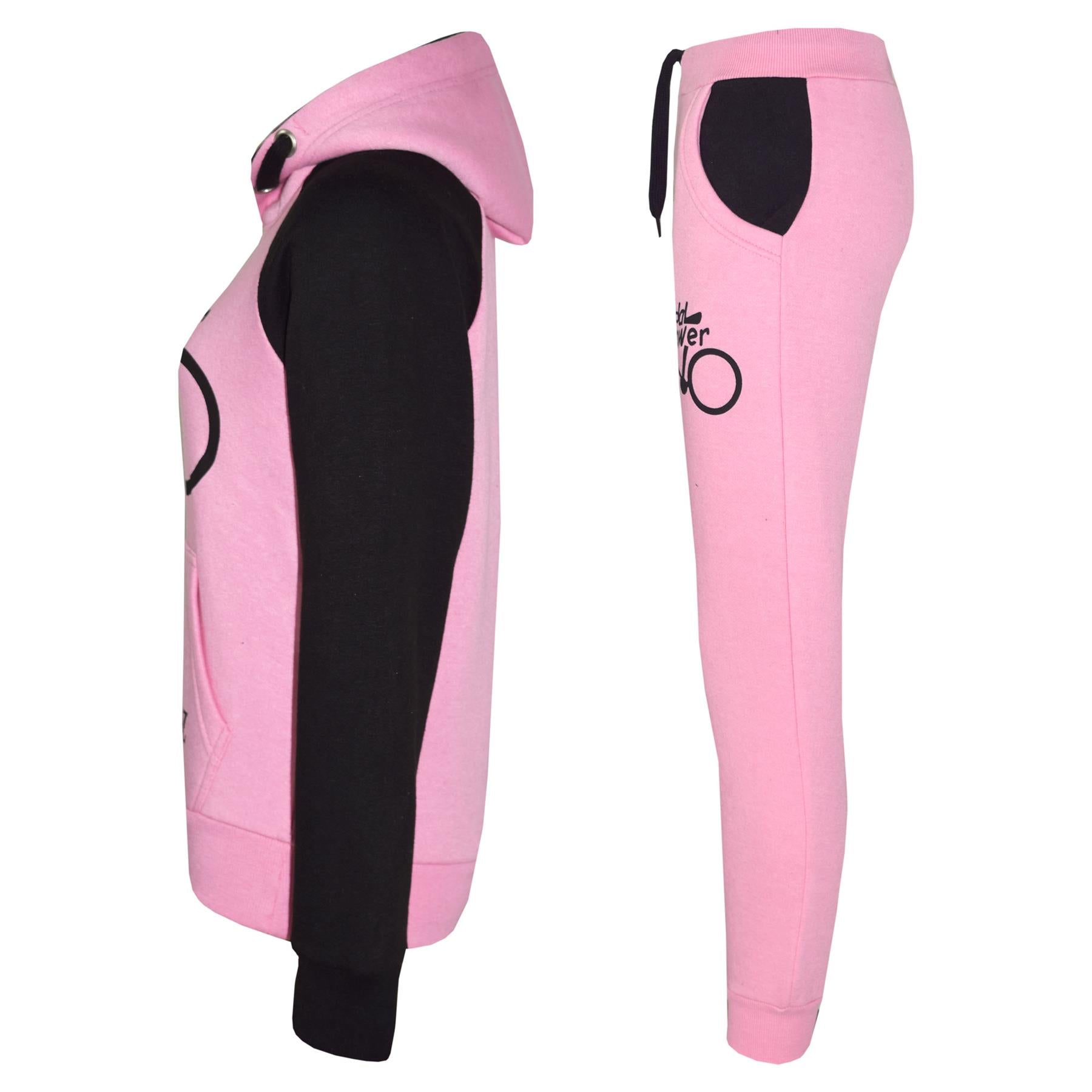 Kids Girls Pedal Power Print Hooded Baby Pink & Black Tracksuit