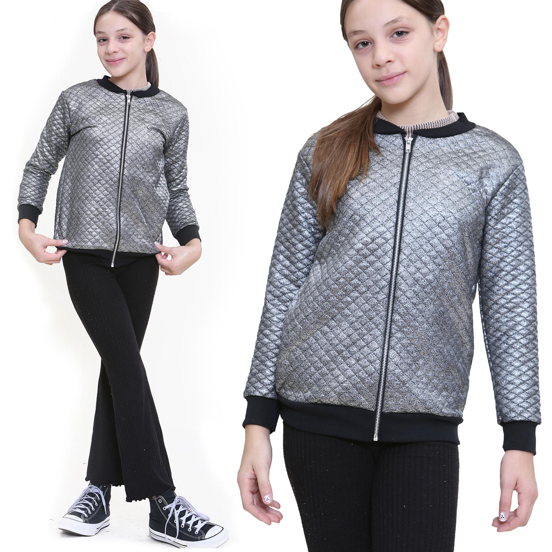 Kids Girls Shiny Silver Quilted Padded Fashion Jacket