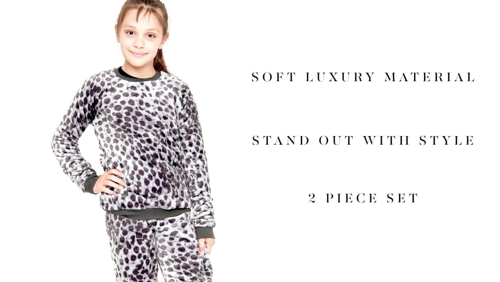 Kids Girls Boys Grey Leopard Pyjamas 2 Piece Set