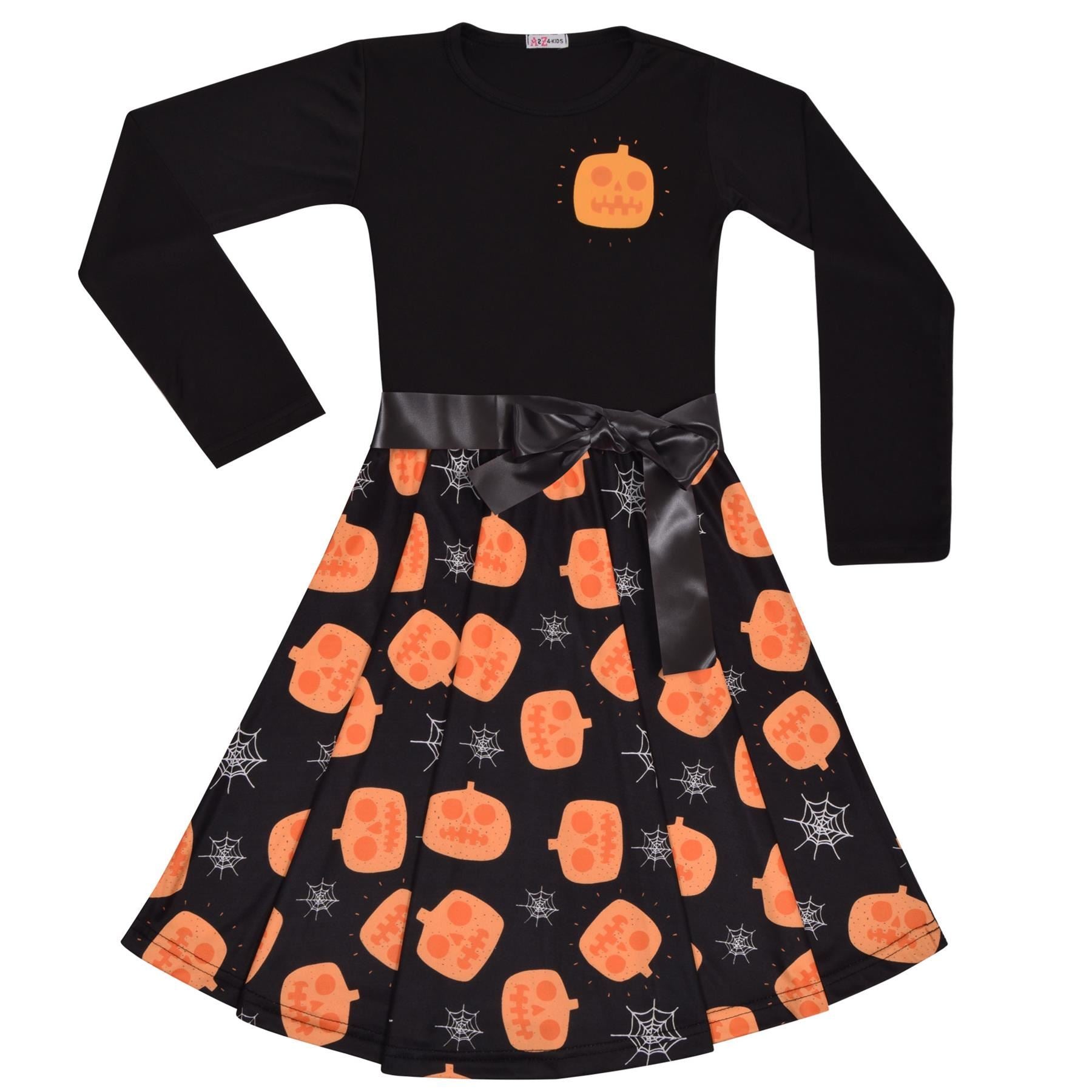 Girls Long Sleeves Black Panelled Pumpkins Print Halloween Skater Dress