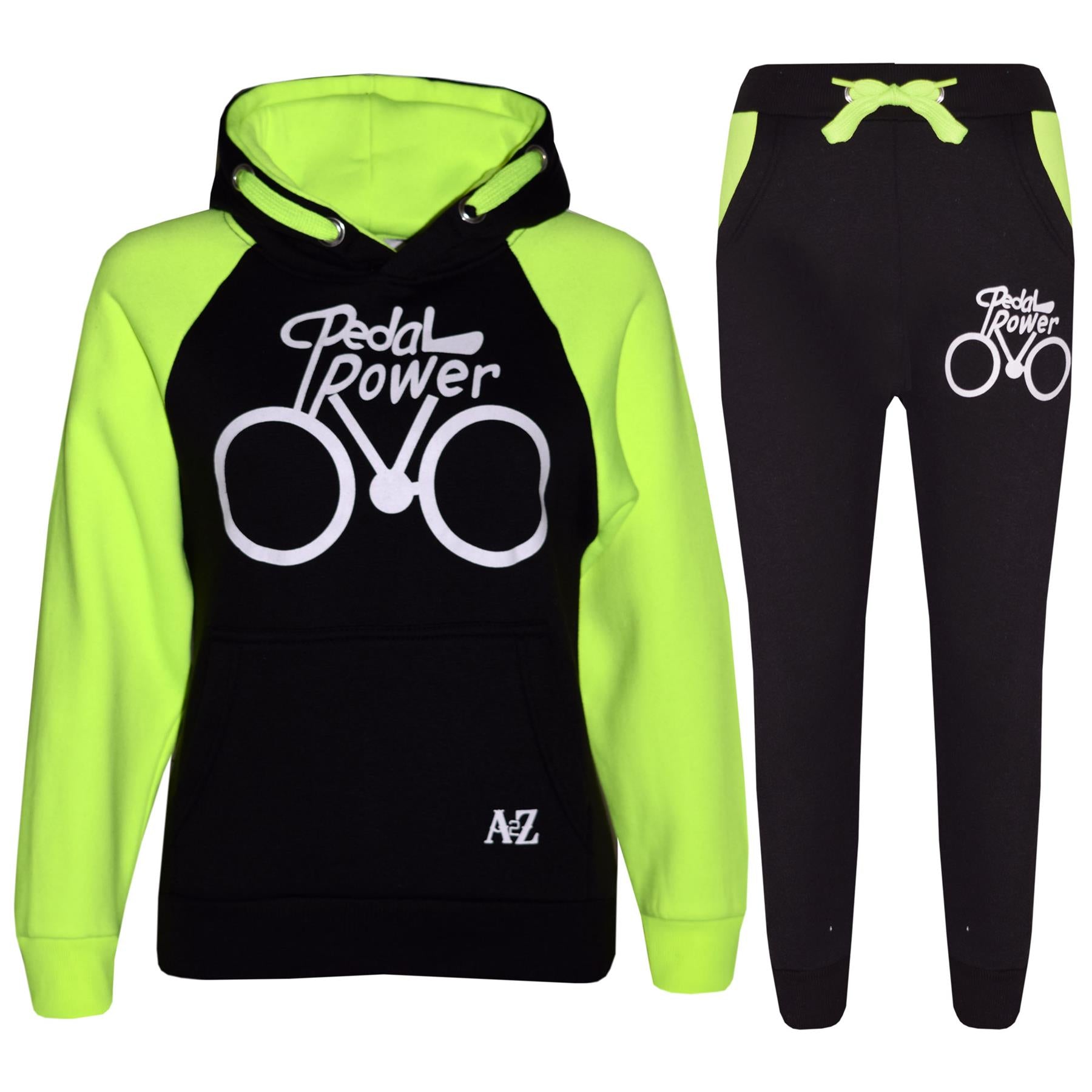 Kids Unisex Pedal Power Print Hooded Black And Neon Green Tracksuit