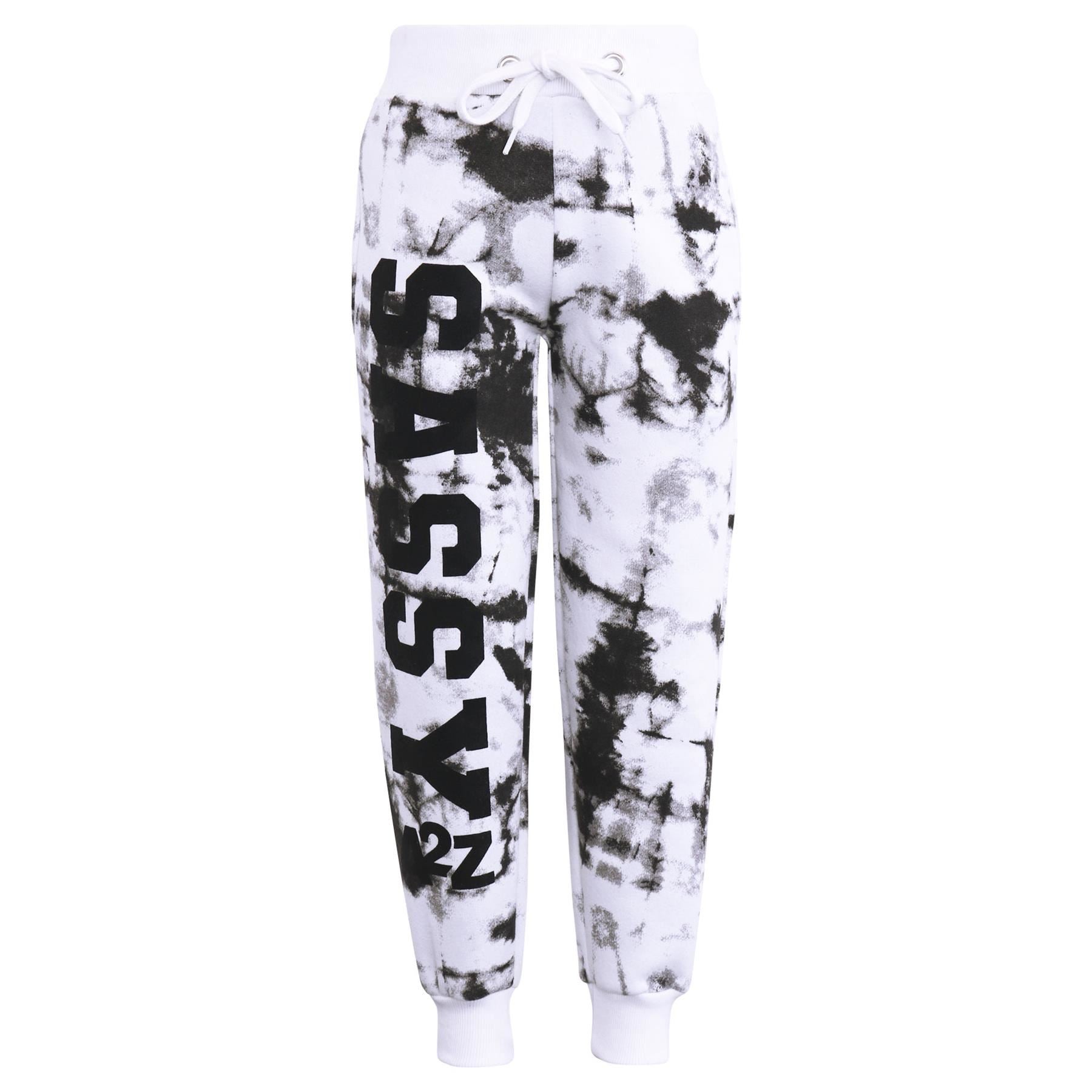 Kids Girls Tie Dye Tracksuit "SASSY" Print Black Hooded Crop Jogging Suit