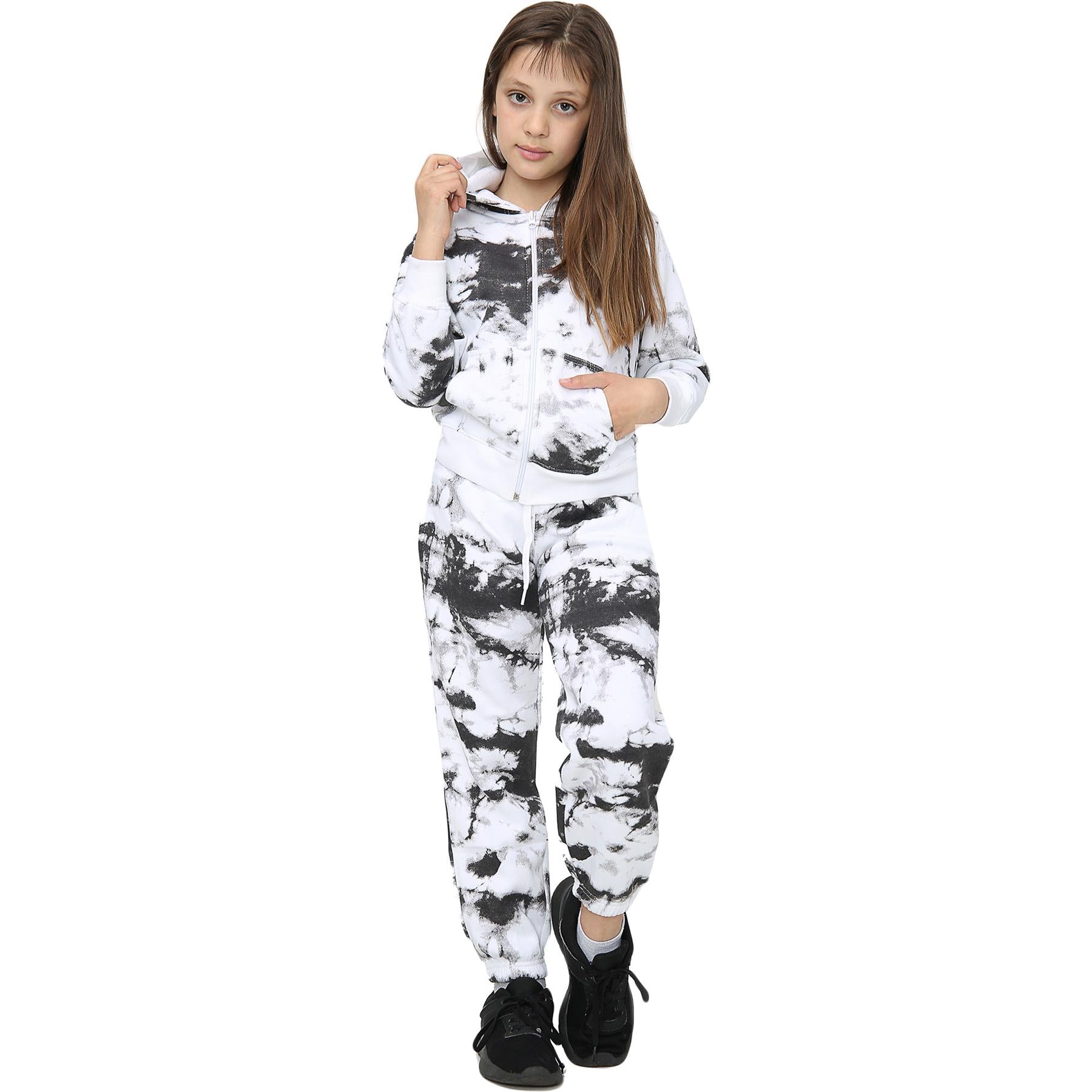 Girls Tie Dye Balck Print Hooded Tracksuit