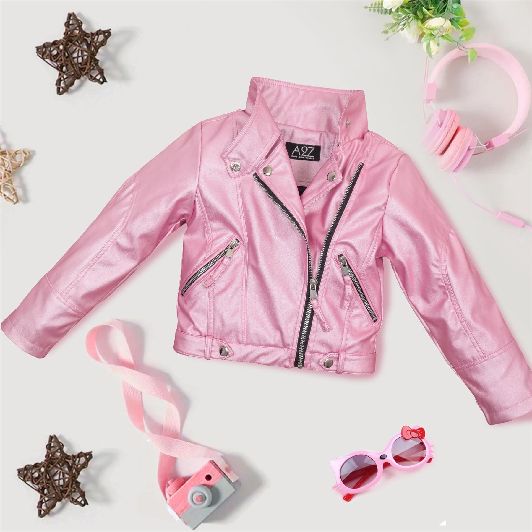 Girls PU Leather Jacket Waterproof Baby Pink Coat