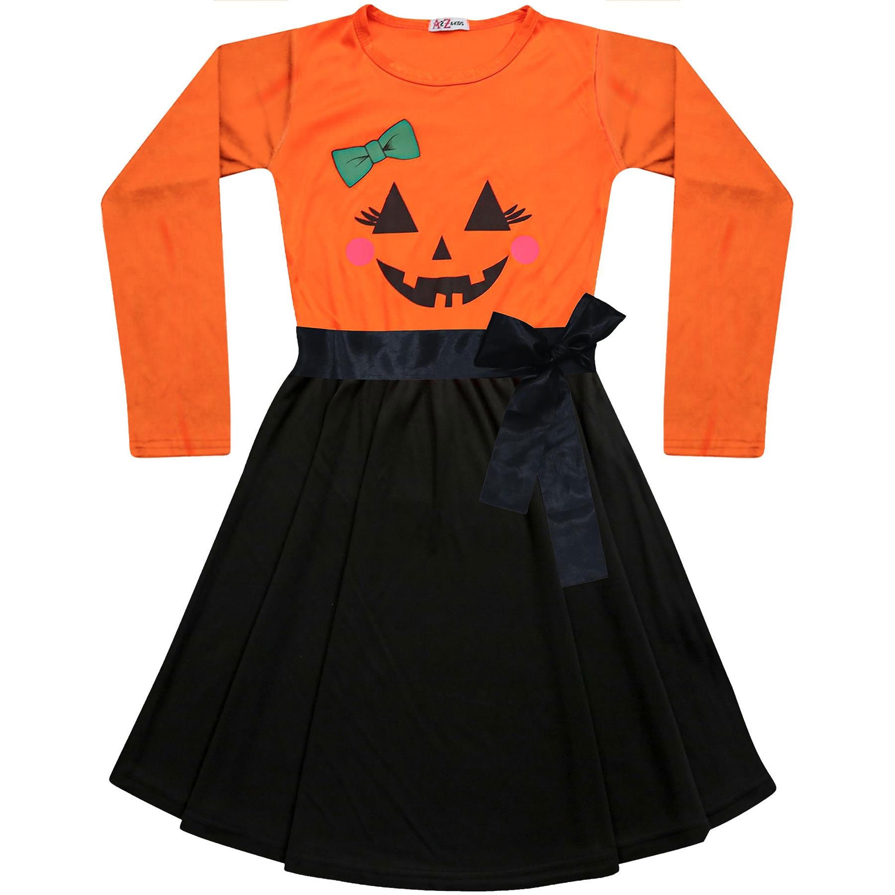 Girls Long Sleeves Pumpkin Print Halloween Skater Dress