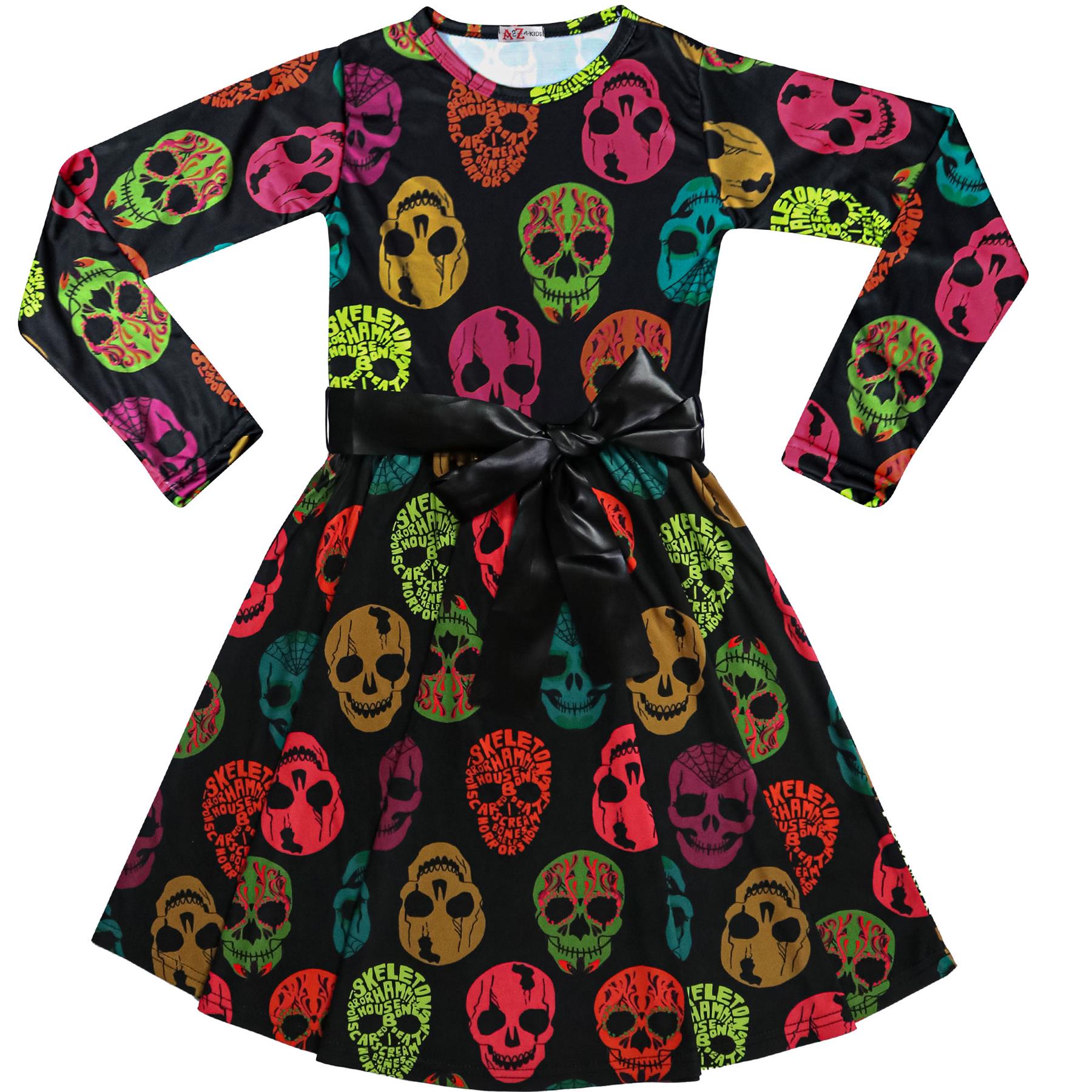 Girls Long Sleeves Skull Print Halloween Skater Dress