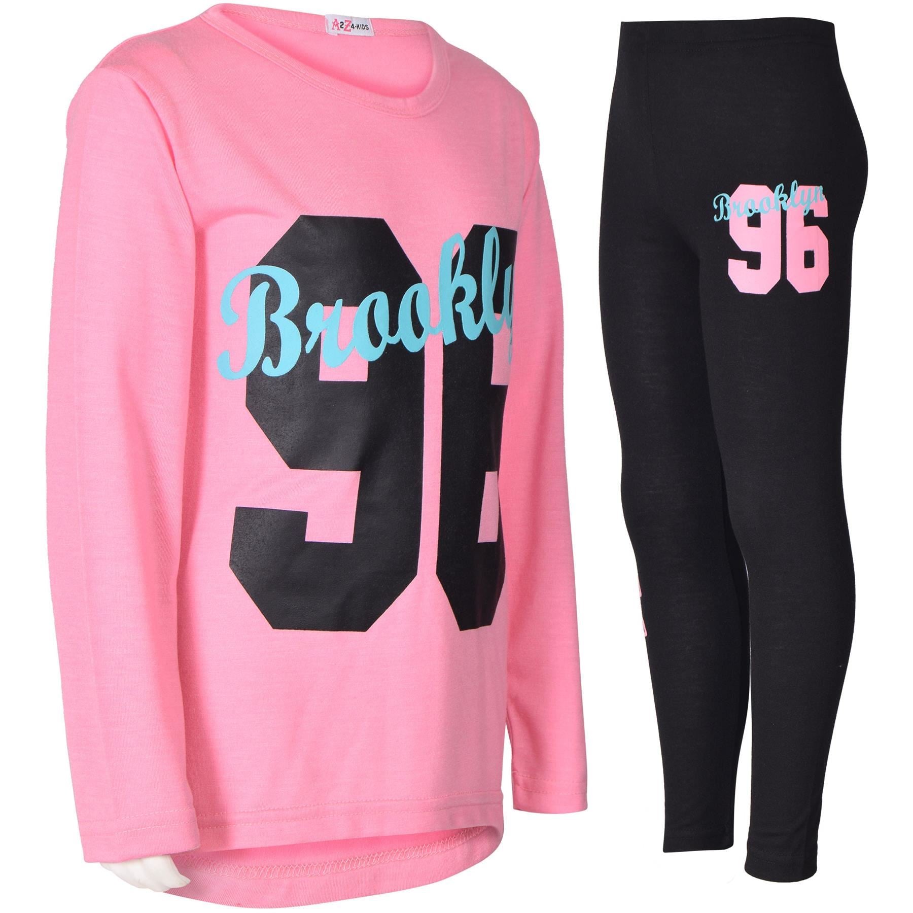 Girls Brooklyn Print Long Sleeves Contrast T Shirt Top & Legging Set