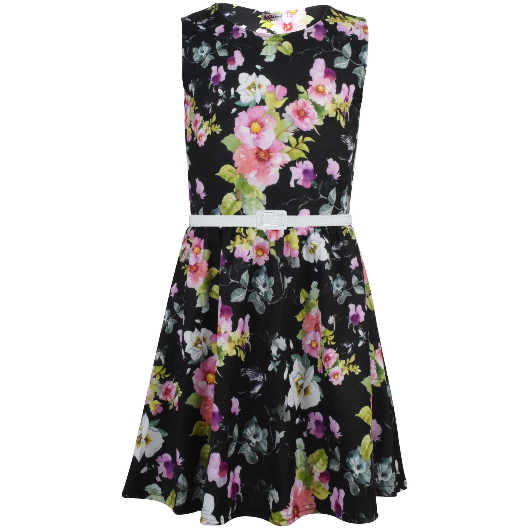 Girls Black Floral Print Skater Dress