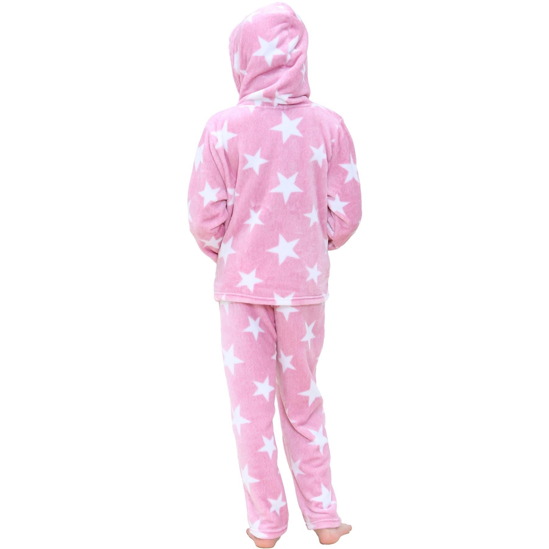 Kids Girls Stars Print Pink Pyjama Extra Soft Flannel Fleece Hooded PJS Set