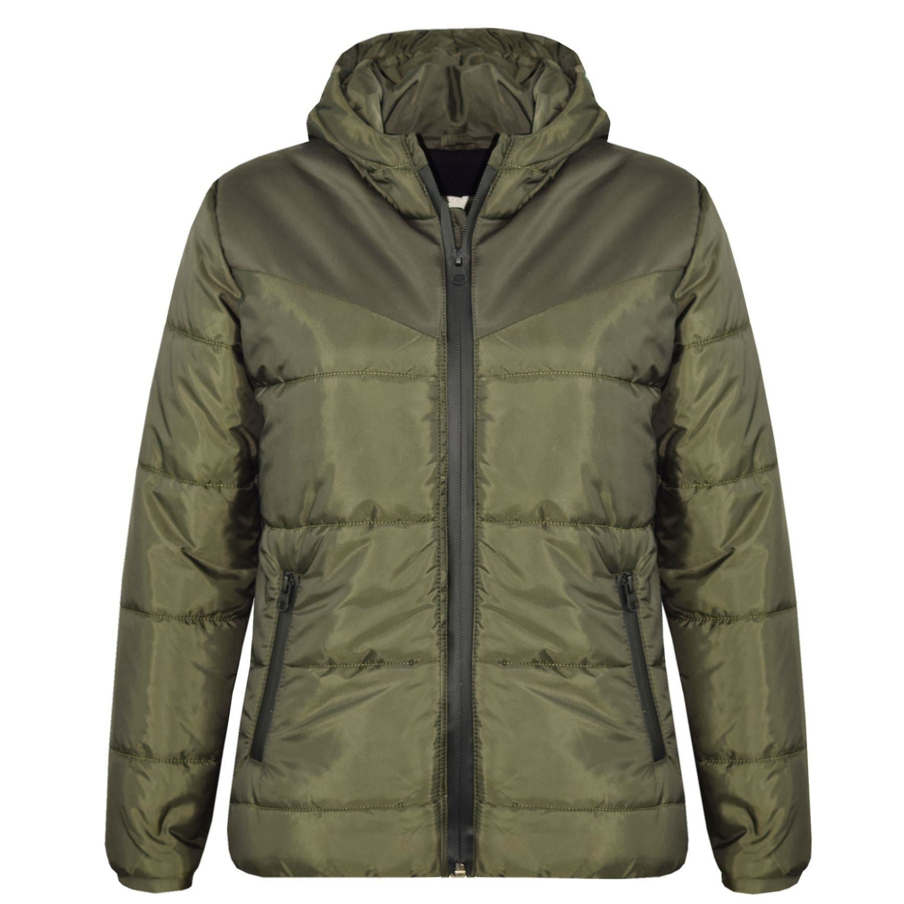 Kids Unisex Jacket Padded Olive Puffer Hooded Zipped Coat Warm Thick Coats