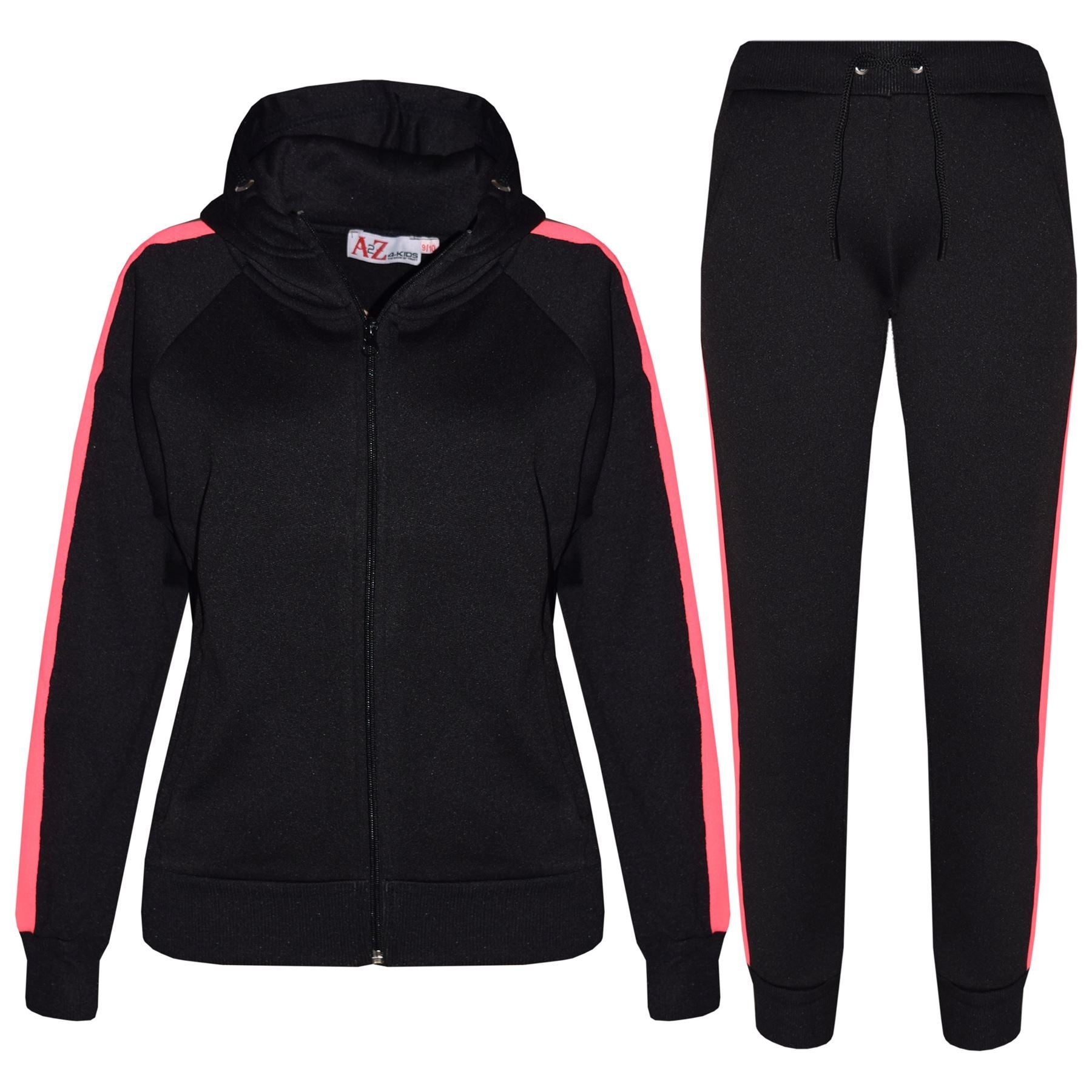 Girls Black & N.Pink Jogging Plain Fleece Hooded Tracksuit