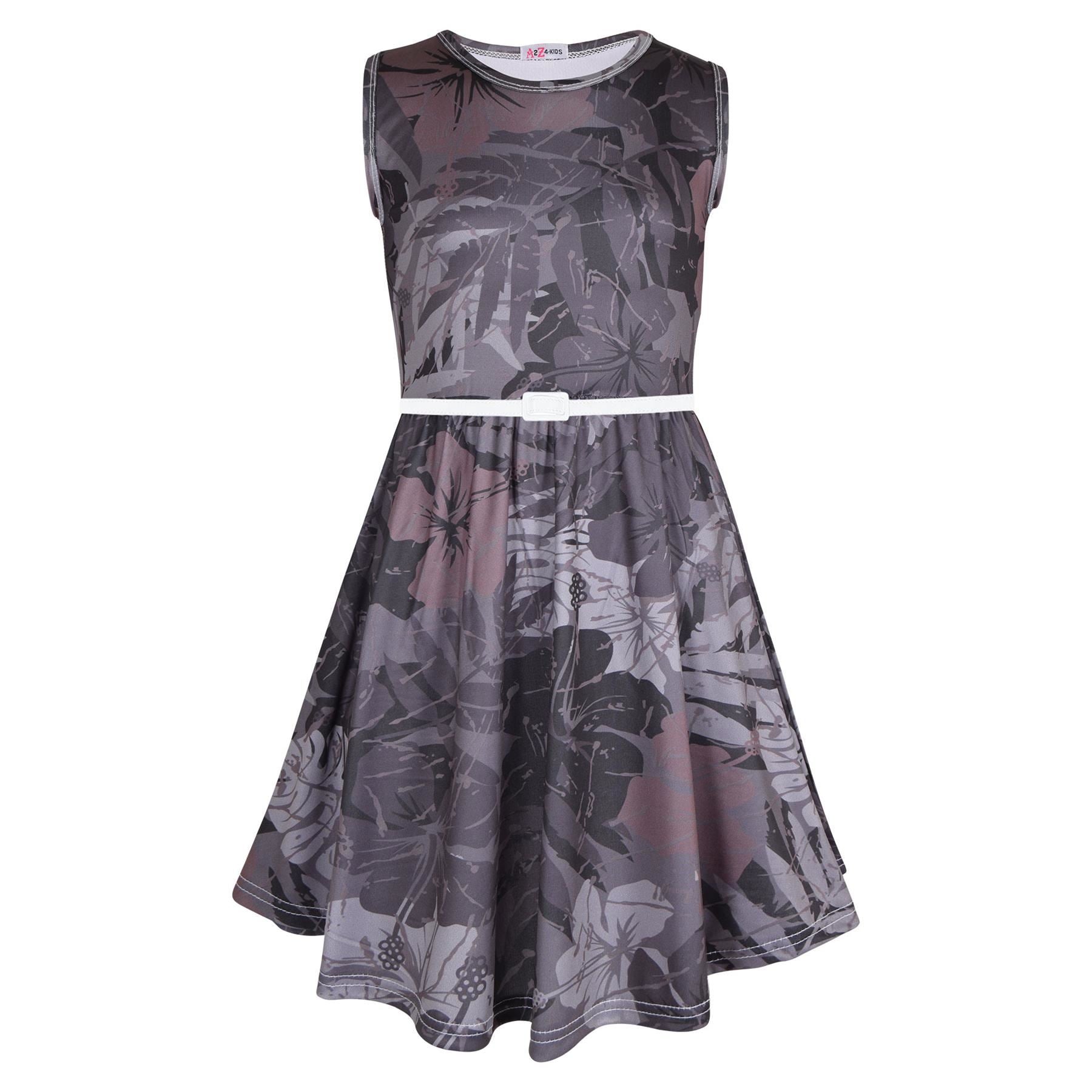 Kids Girls Sleeveless Camo Leaf Print Charcoal Skater Dress