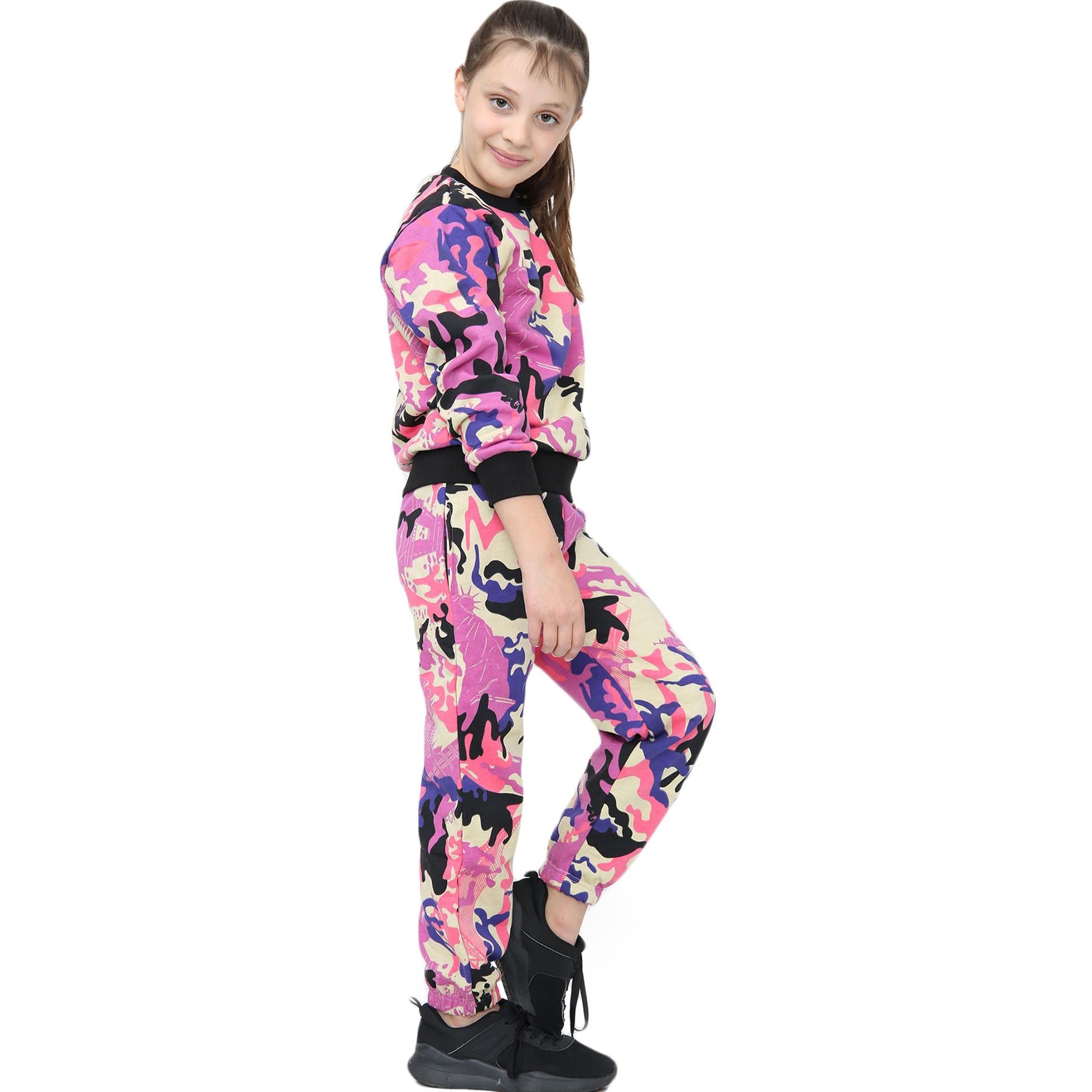 Girls Pink Camouflage Sweatshirt & Bottom Tracksuit